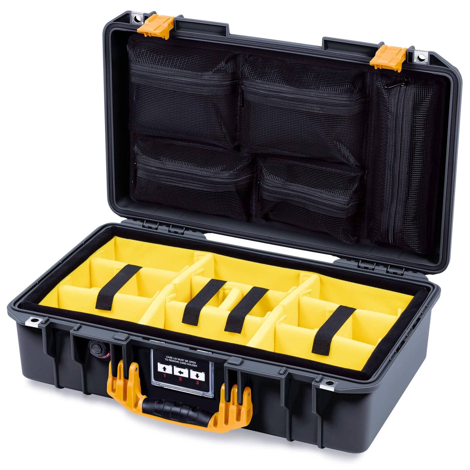 Pelican 1525 Air Case, Black with Yellow Handle & Latches Yellow Padded Microfiber Dividers with Mesh Lid Organizer ColorCase 015250-0110-110-241