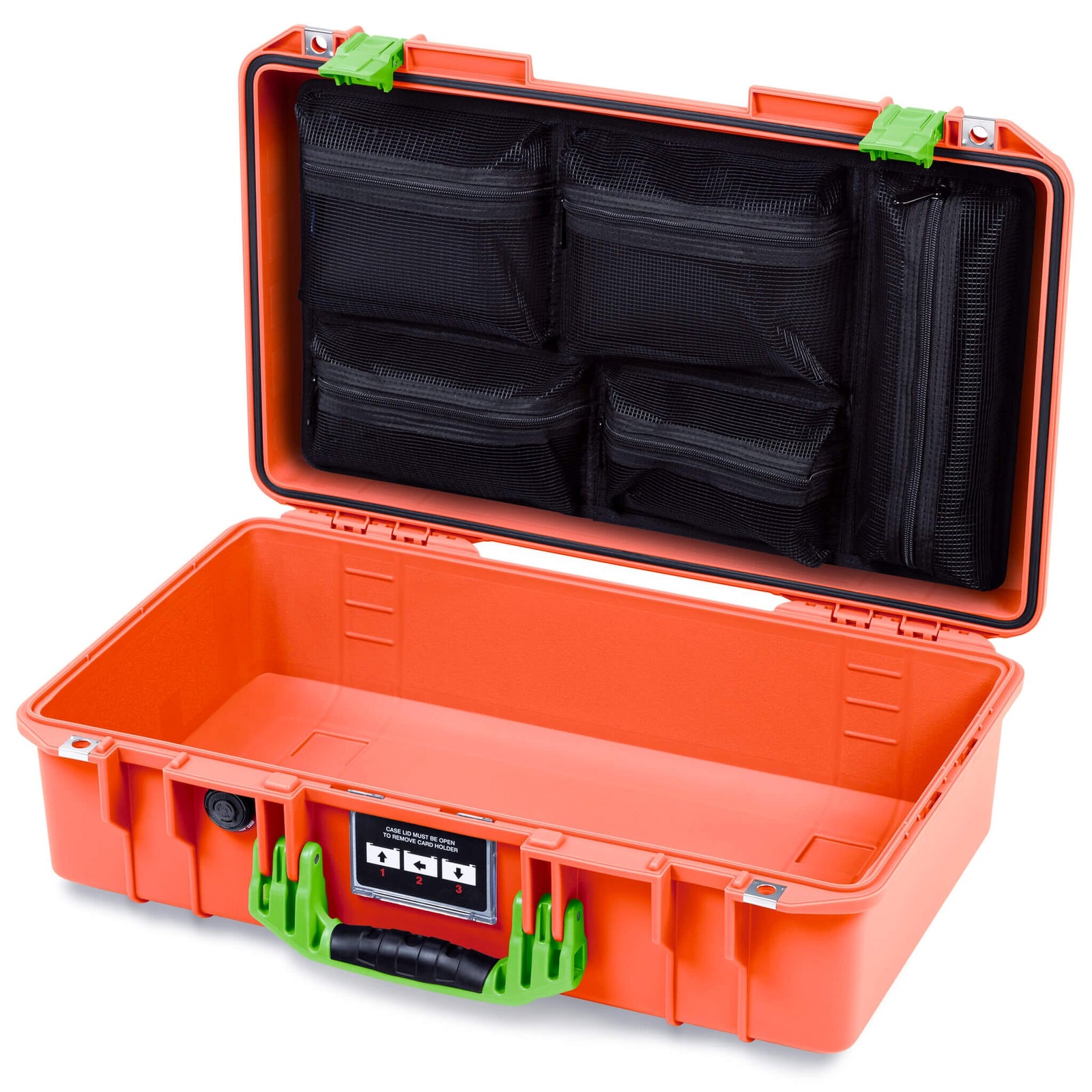 Pelican 1525 Air Case, Orange with Lime Green Handle & Latches Mesh Lid Organizer Only ColorCase 015250-0100-150-301