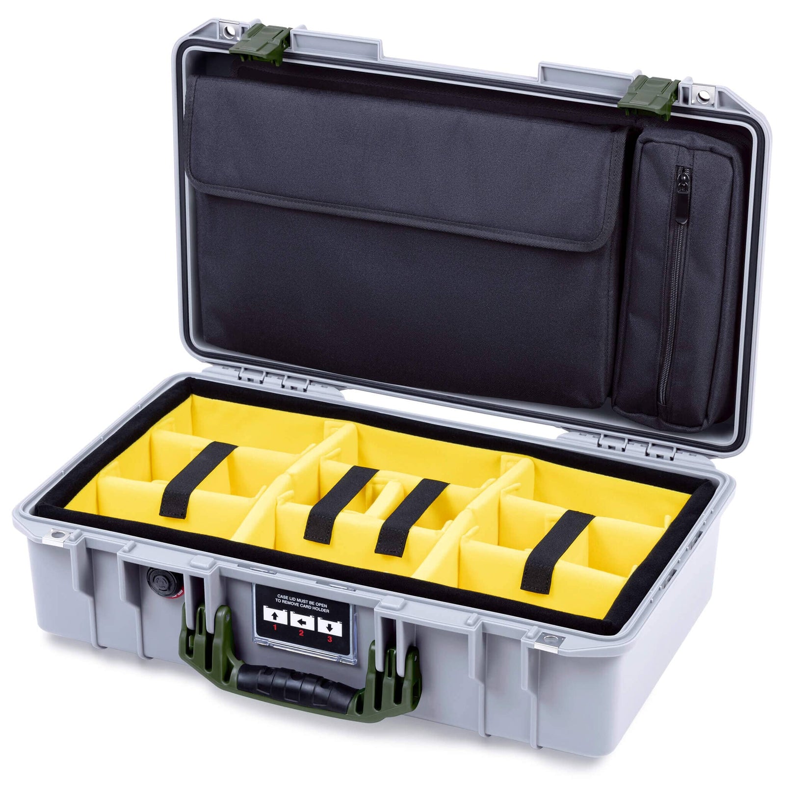 Pelican 1525 Air Case, Silver with OD Green Handle & Latches Yellow Padded Microfiber Dividers with Laptop Computer Pouch ColorCase 015250-0210-180-131