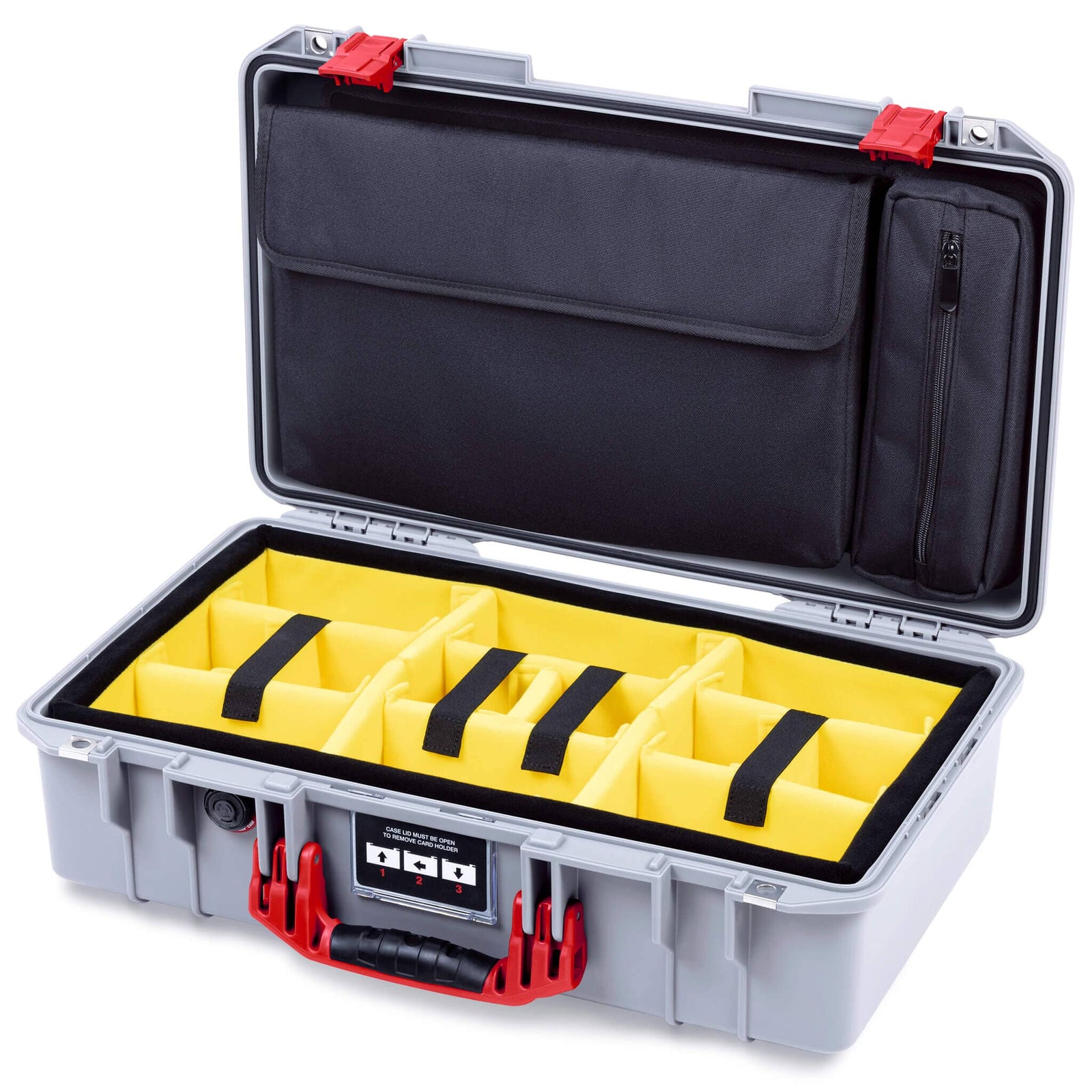Pelican 1525 Air Case, Silver with Red Handle & Latches Yellow Padded Microfiber Dividers with Laptop Computer Pouch ColorCase 015250-0210-180-321