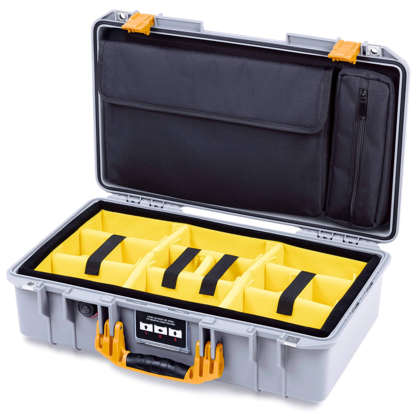 Pelican 1525 Air Case, Silver with Yellow Handle & Latches Yellow Padded Microfiber Dividers with Laptop Computer Pouch ColorCase 015250-0210-180-241