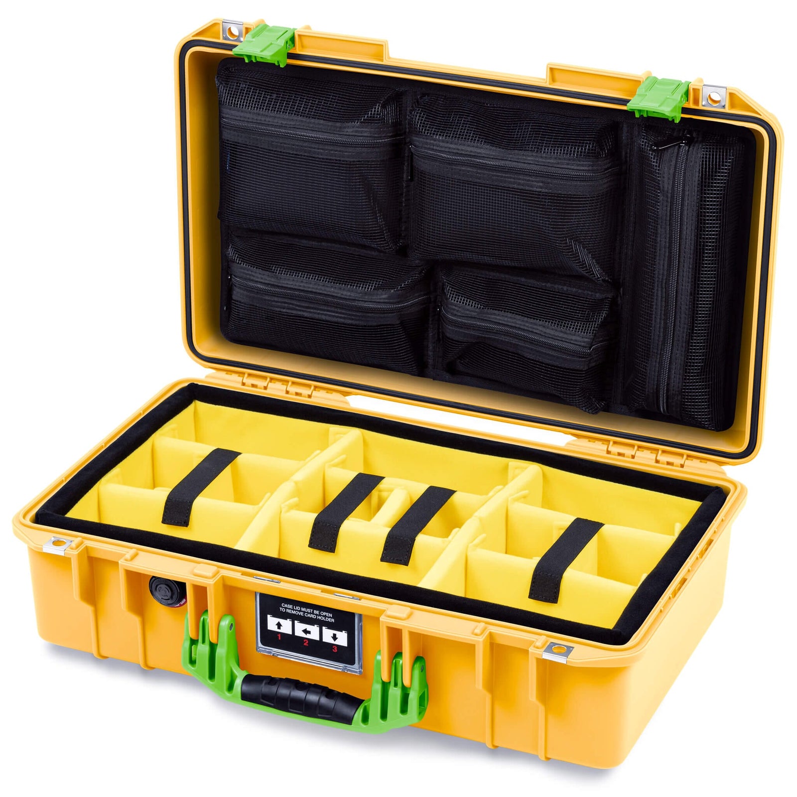 Pelican 1525 Air Case, Yellow with Lime Green Handle & Latches Yellow Padded Microfiber Dividers with Mesh Lid Organizer ColorCase 015250-0110-240-301