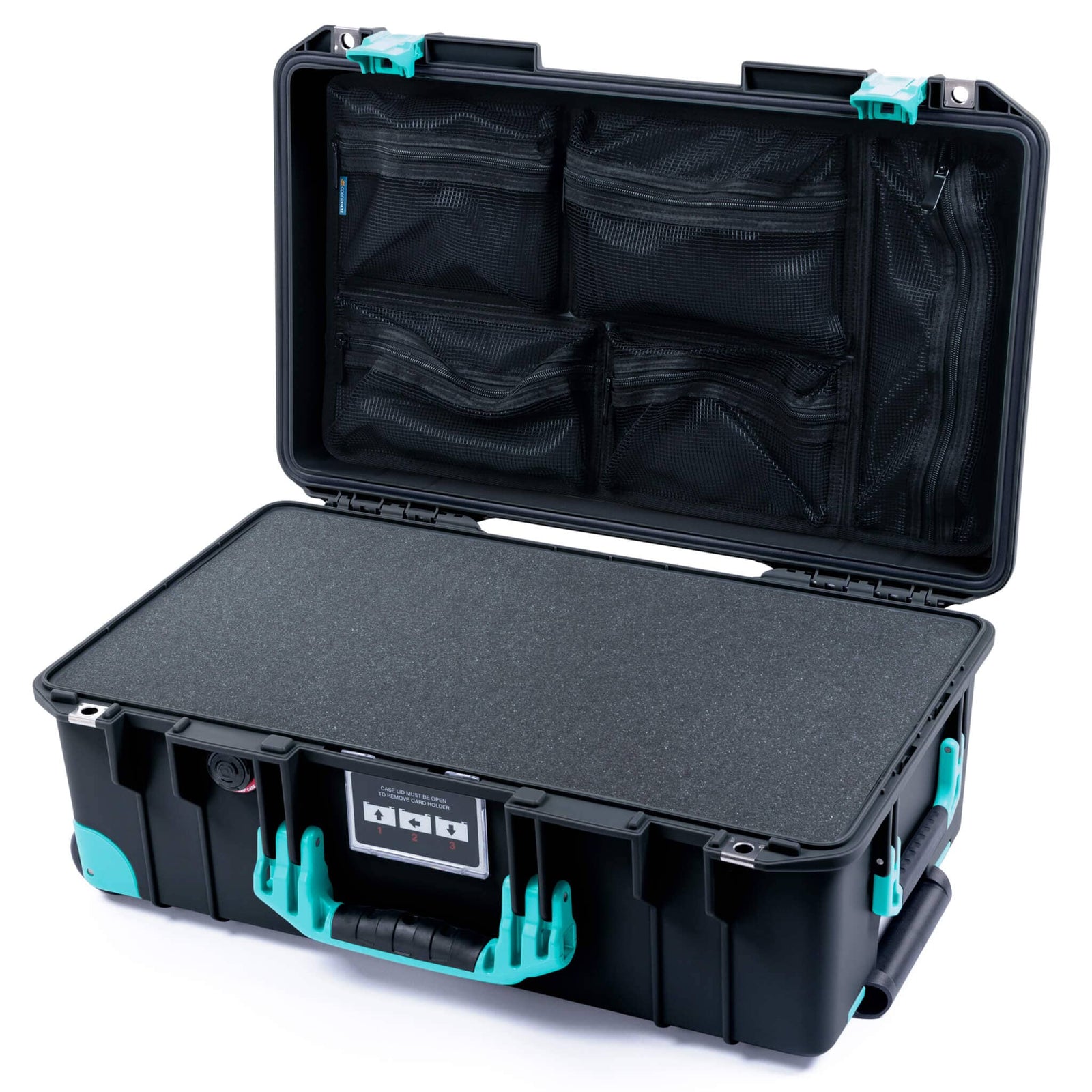 Pelican 1535 Air Case, Black with Teal Handles, Latches & Trolley Pick & Pluck Foam with Mesh Lid Organizer ColorCase 015350-0101-110-591-590