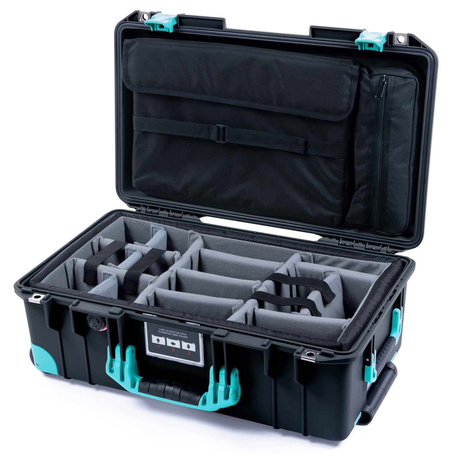 Pelican 1535 Air Case, Black with Teal Handles, Latches & Trolley Gray Padded Microfiber Dividers with Laptop Computer Lid Pouch ColorCase 015350-0270-110-591-590