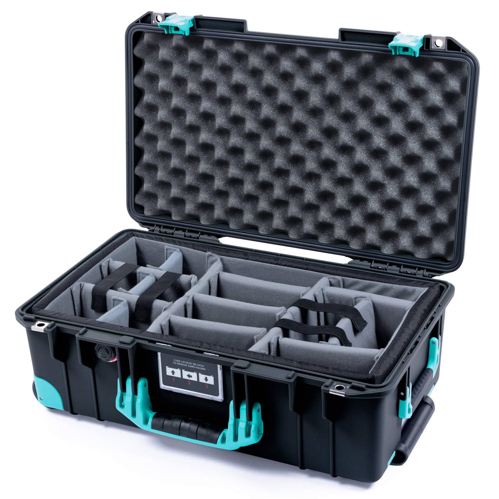 Pelican 1535 Air Case, Black with Teal Handles, Latches & Trolley Gray Padded Microfiber Dividers with Convoluted Lid Foam ColorCase 015350-0070-110-591-590