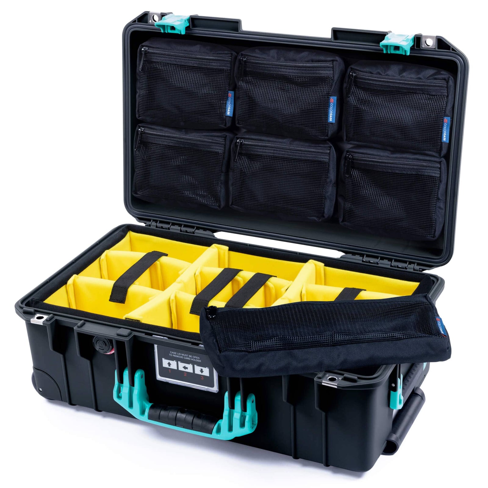 Pelican 1535 Air Case, Black with Teal Handles & Latches Yellow Padded Microfiber Dividers with 7-Piece Removable Mesh Pouches ColorCase 015350-0710-110-591