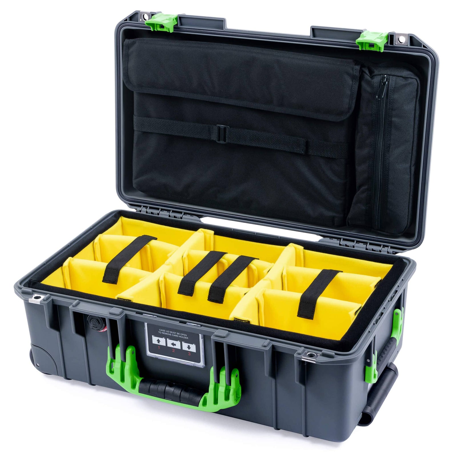 Pelican 1535 Air Carry - on Case - Charcoal & Lime Green - Yellow Padded Microfiber Dividers / Computer Lid Pouch