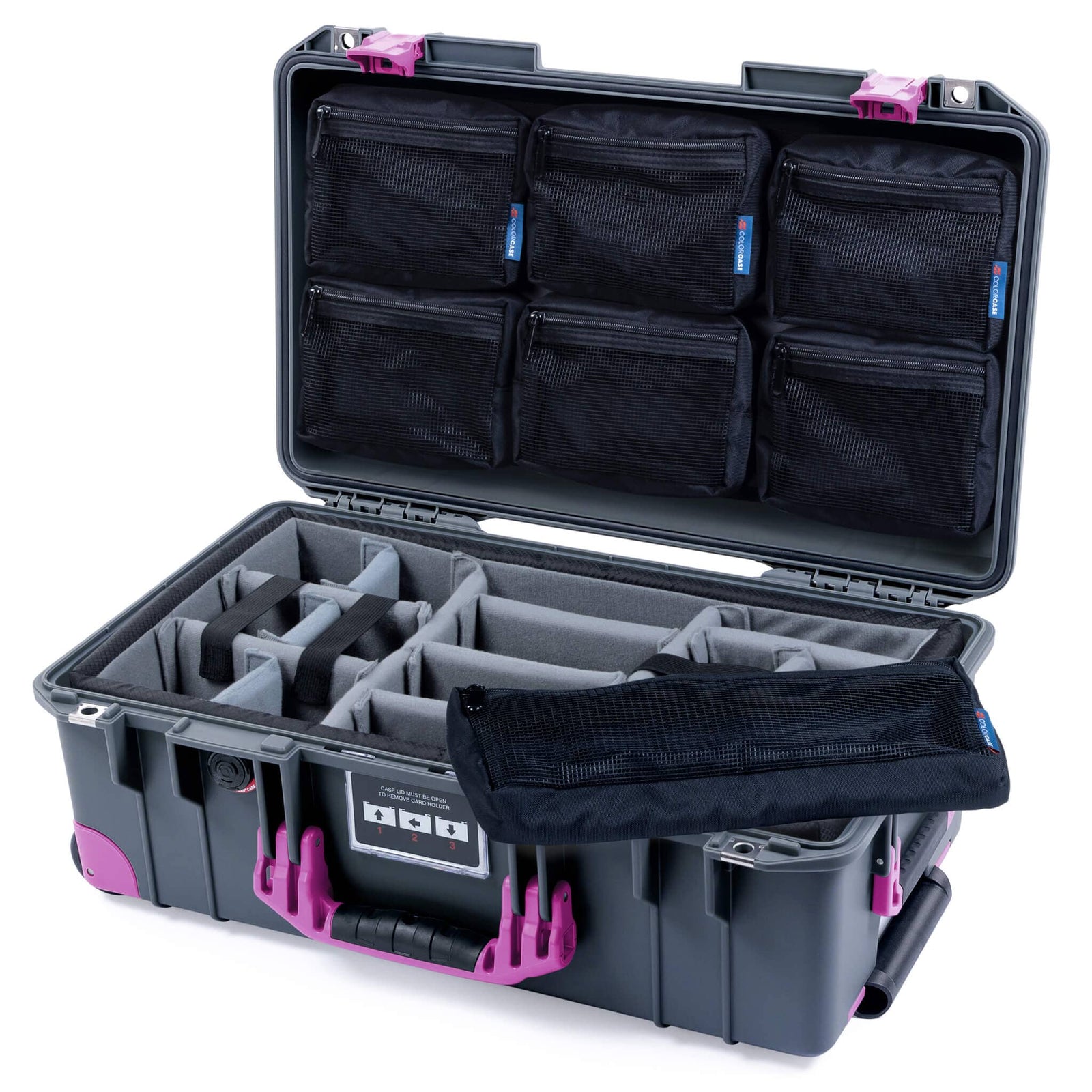 Pelican 1535 Air Case, Charcoal with Magenta Handles, Latches & Trolley Pick & Pluck Foam with 7-Piece Removable Mesh Pouches ColorCase 015350-0701-520-401-400