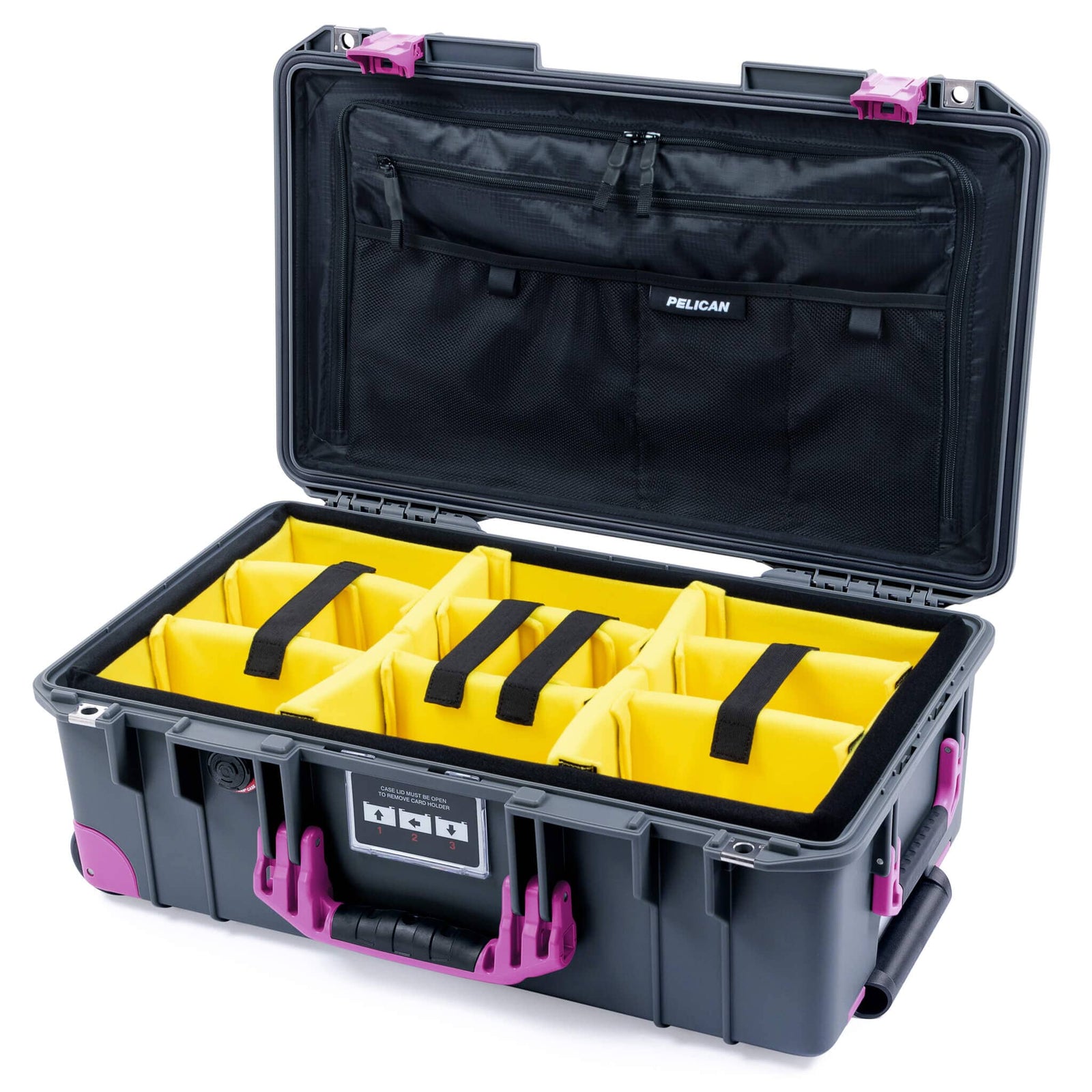 Pelican 1535 Air Carry - on Case - Charcoal & Magenta Trolley - Yellow Padded Microfiber Dividers / TRVL Lid Organizer