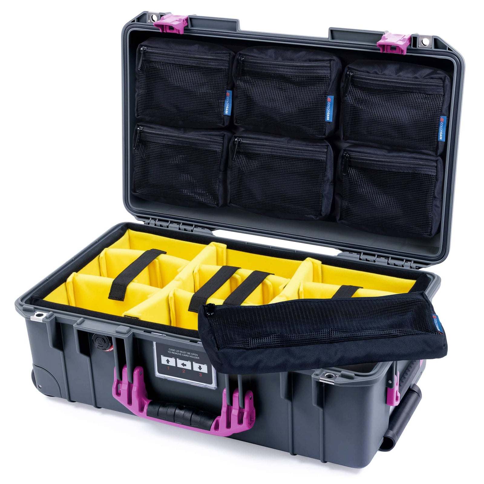 Pelican 1535 Air Case, Charcoal with Magenta Handles & Latches Yellow Padded Microfiber Dividers with TRVL Combo-Pouch Lid Organizer ColorCase 015350-0310-520-401