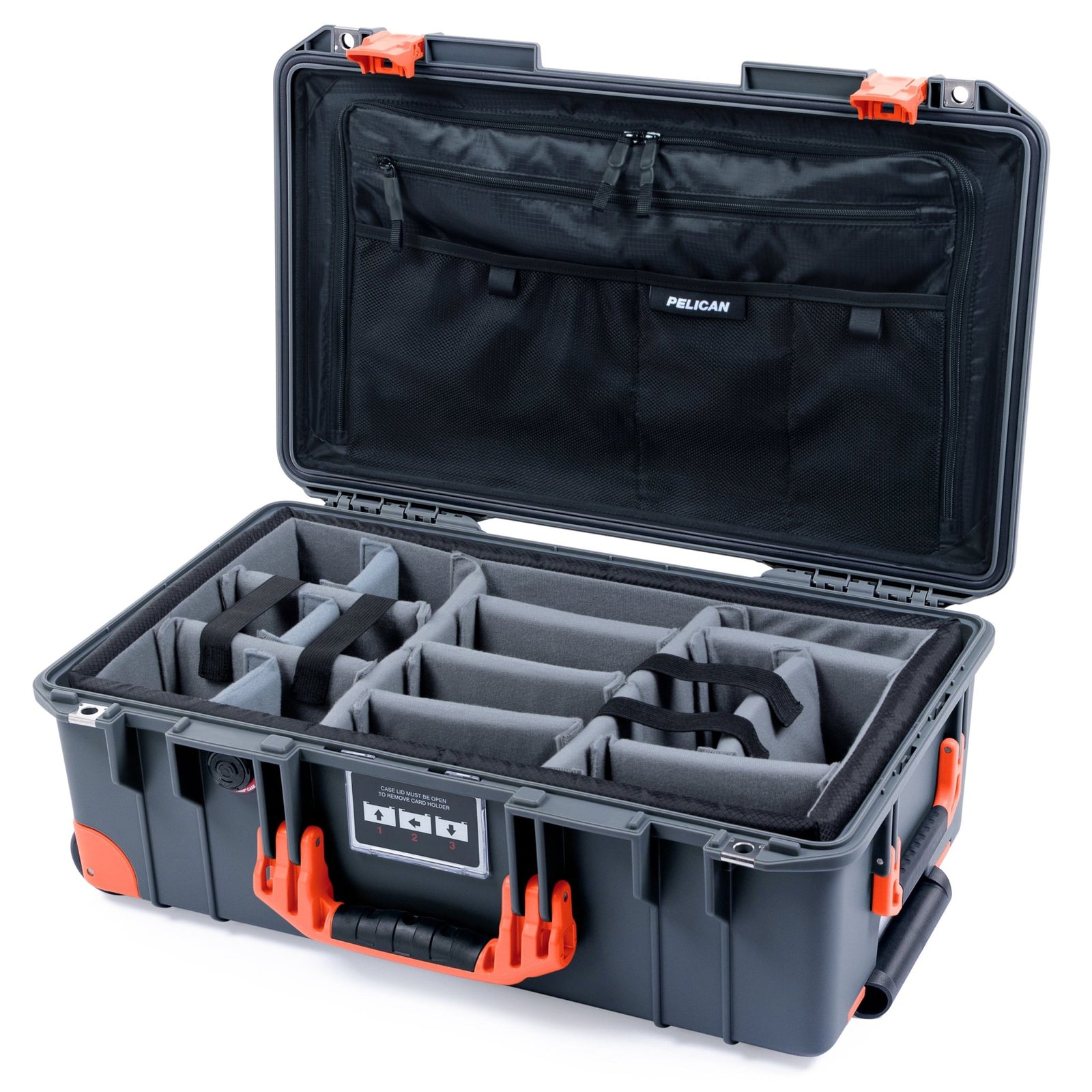 Pelican 1535 Air Carry - on Case - Charcoal & Orange Trolley - Padded Microfiber Dividers / TRLV Lid Organizer