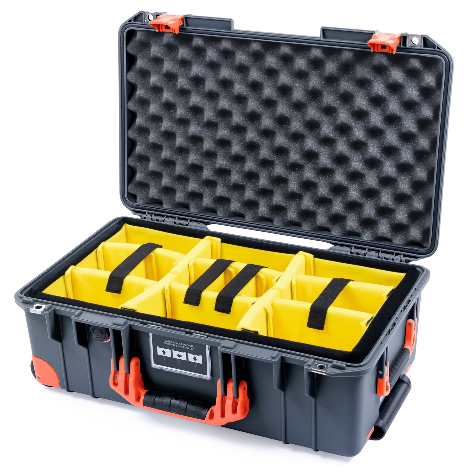 Pelican 1535 Air Carry - on Case - Charcoal & Orange Trolley - Yellow Padded Microfiber Dividers / Convoluted Lid Foam