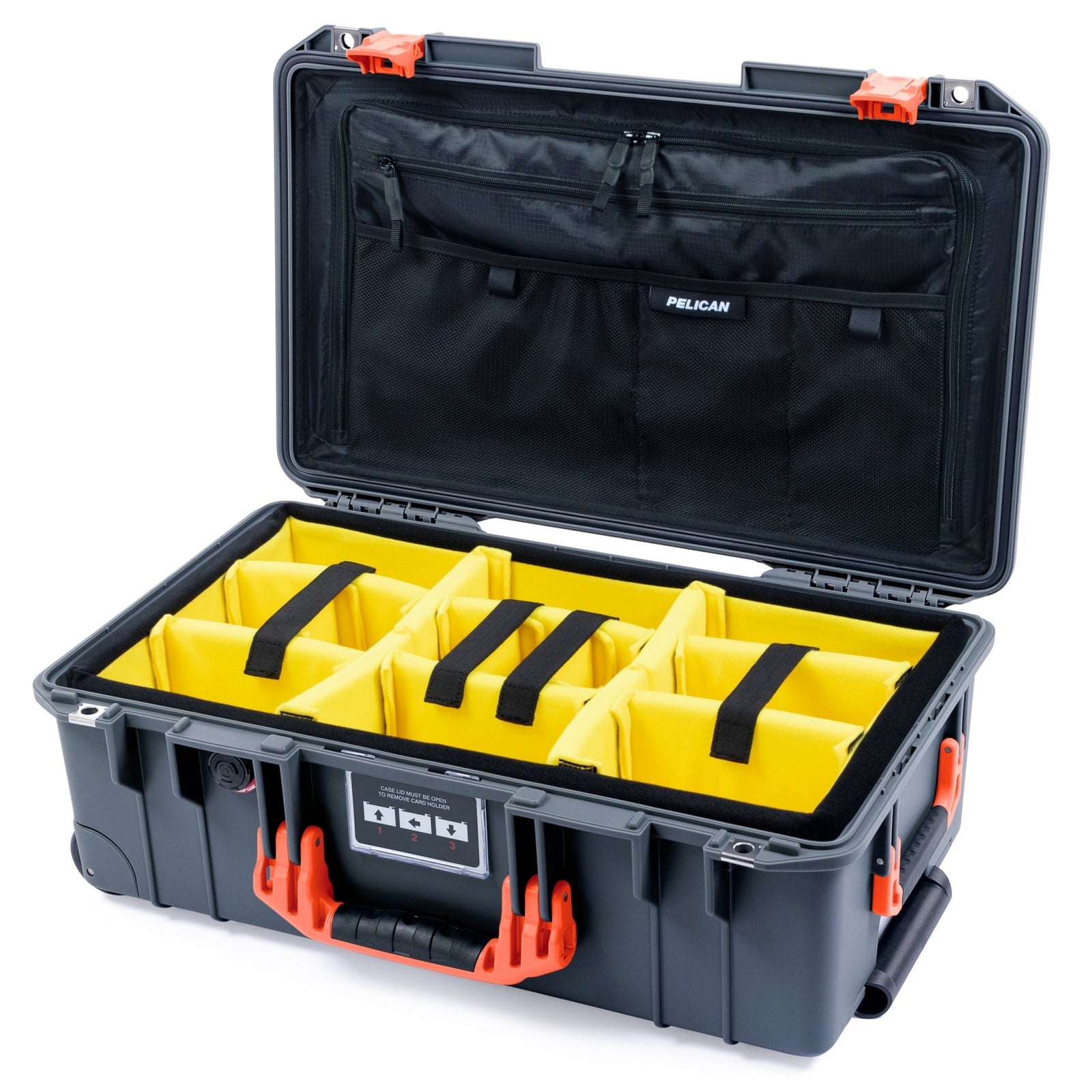 Pelican 1535 Air Carry - on Case - Charcoal & Orange - Yellow Padded Microfiber Dividers / TRVL Lid Organizer