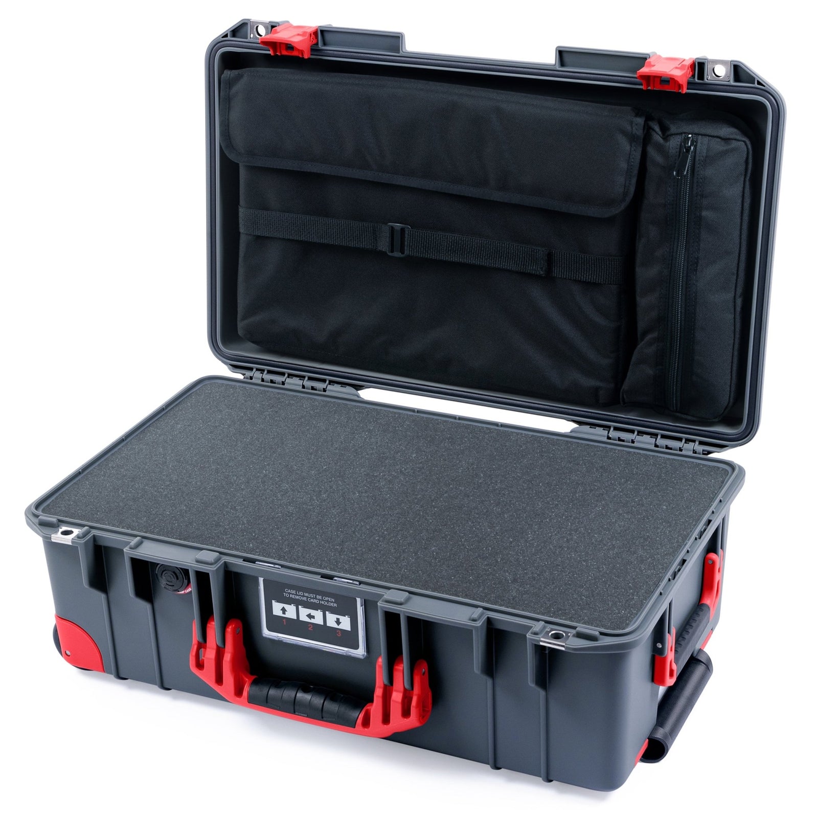 Pelican 1535 Air Carry - on Case - Charcoal & Red Trolley - Pick & Pluck Foam / Computer Lid Pouch