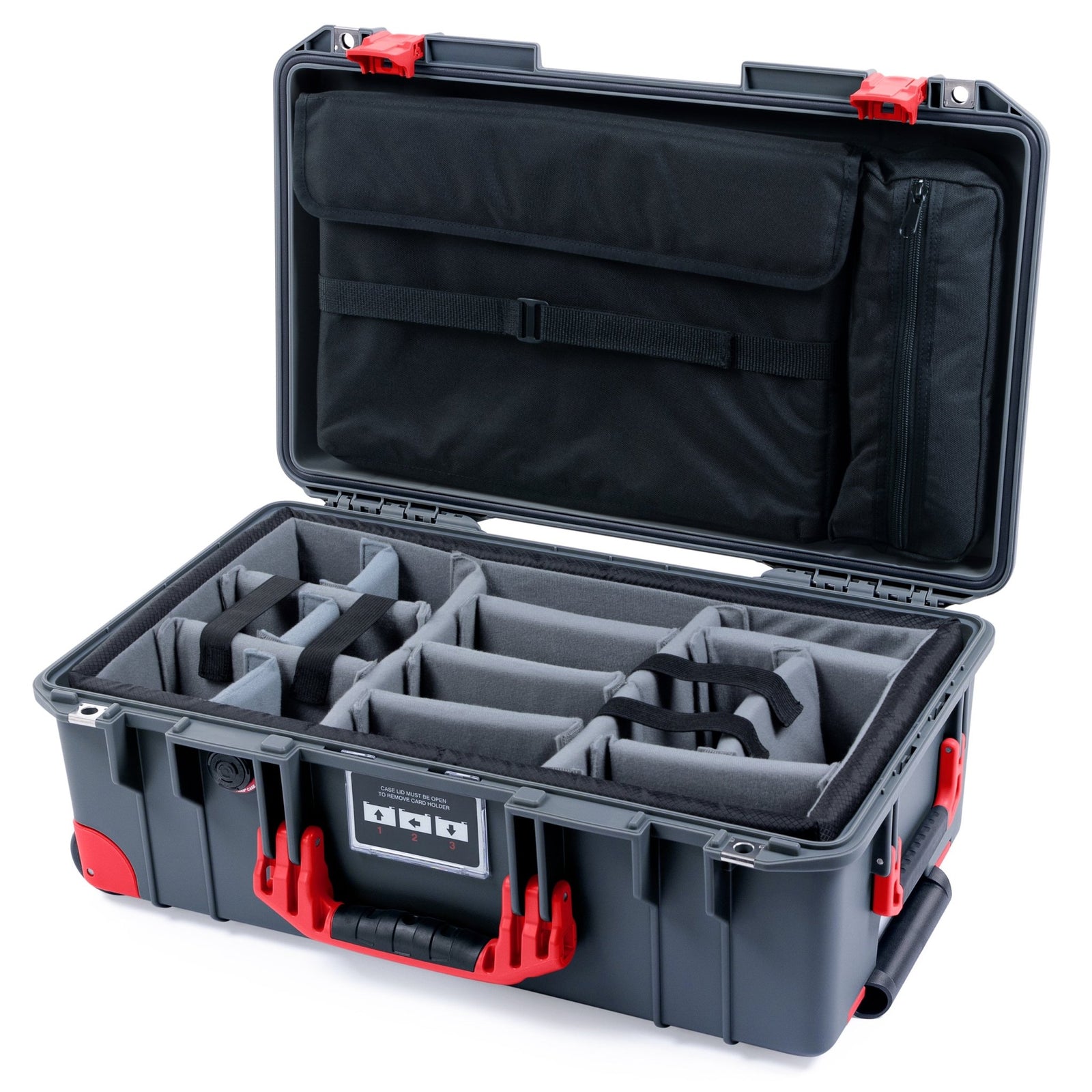 Pelican 1535 Air Carry - on Case - Charcoal & Red Trolley - Padded Microfiber Dividers / Computer Lid Pouch