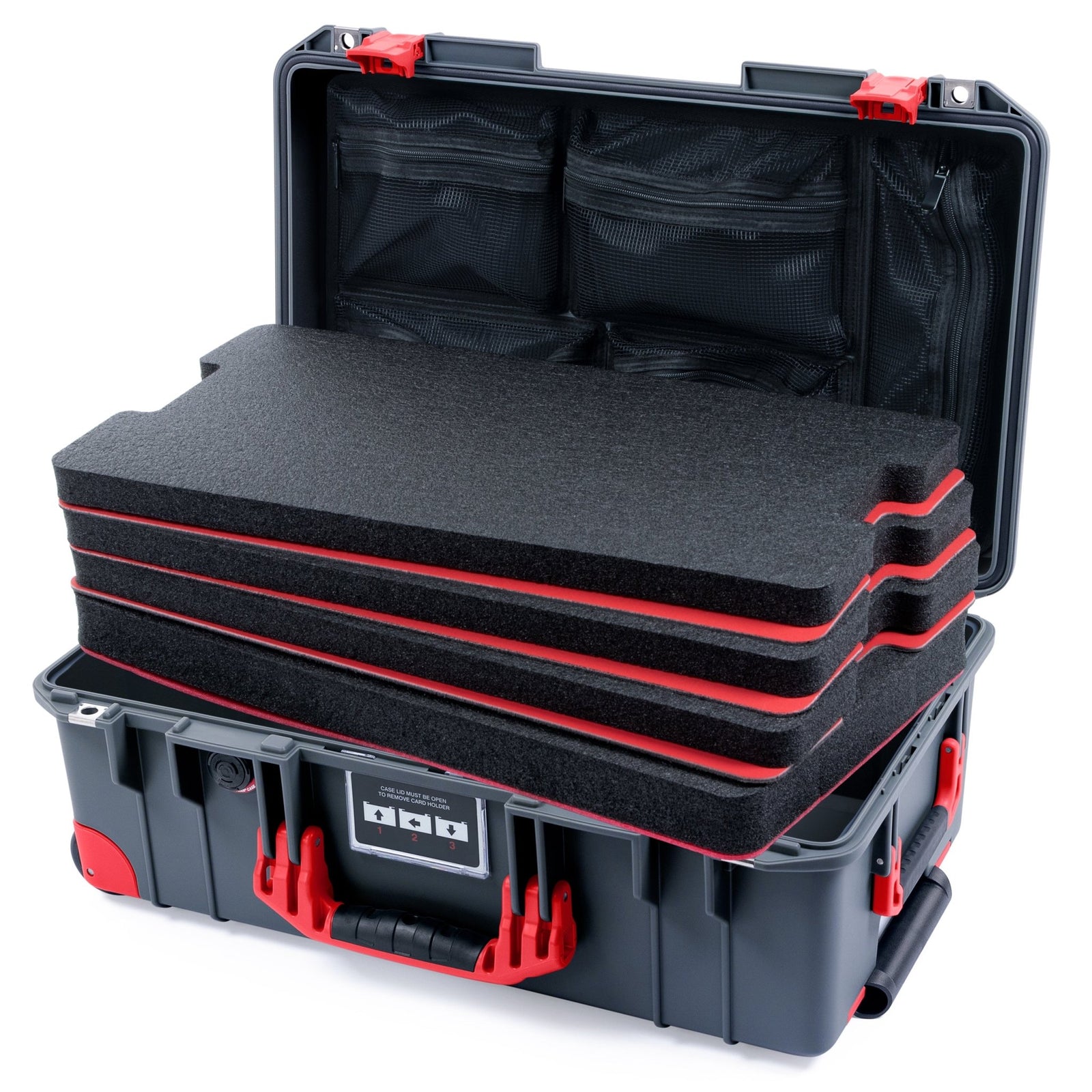 Pelican 1535 Air Carry - on Case - Charcoal & Red Trolley - DIY Tool Foam Kit / Mesh Lid Organizer