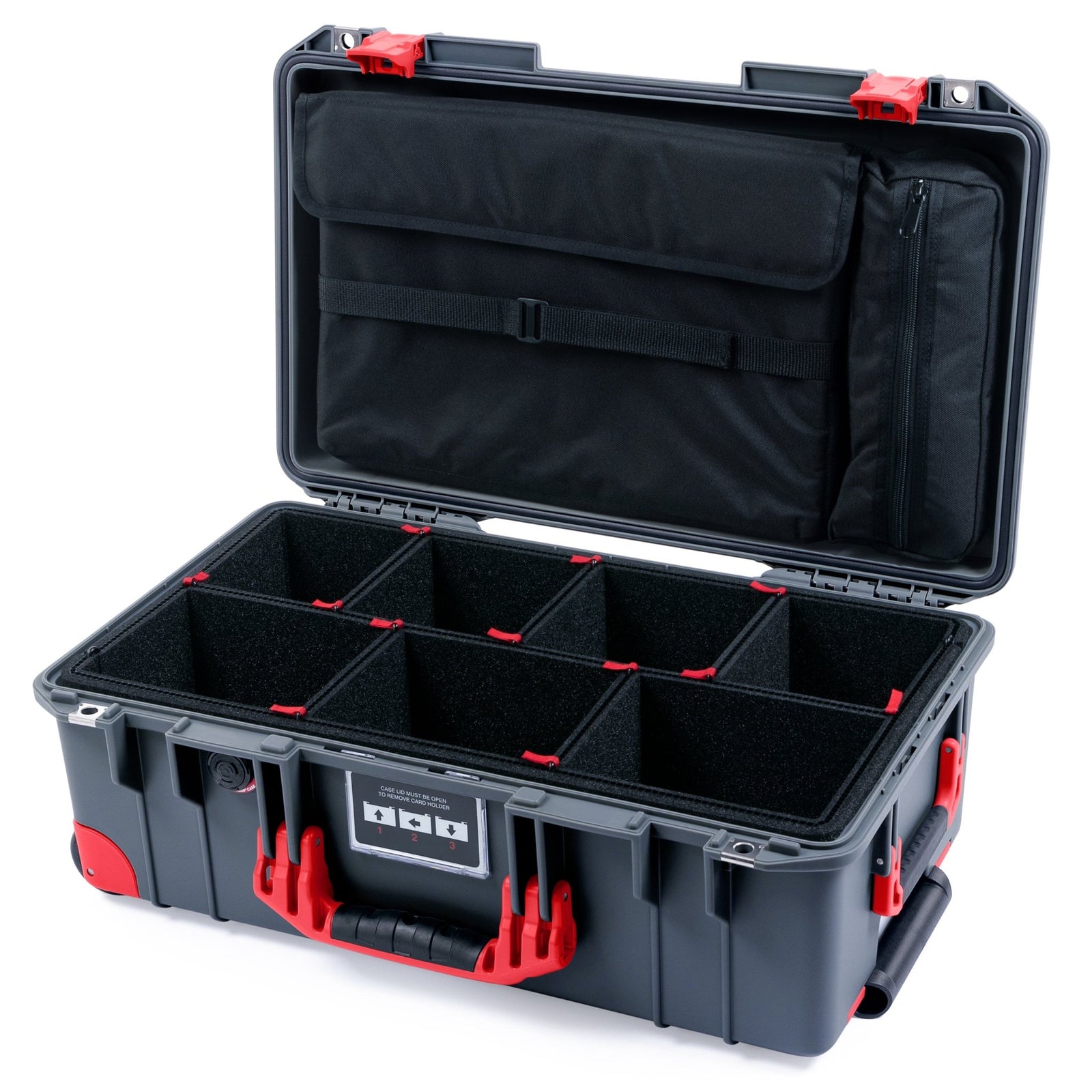 Pelican 1535 Air Carry - on Case - Charcoal & Red Trolley - TrekPak Divider System / Computer Lid Pouch