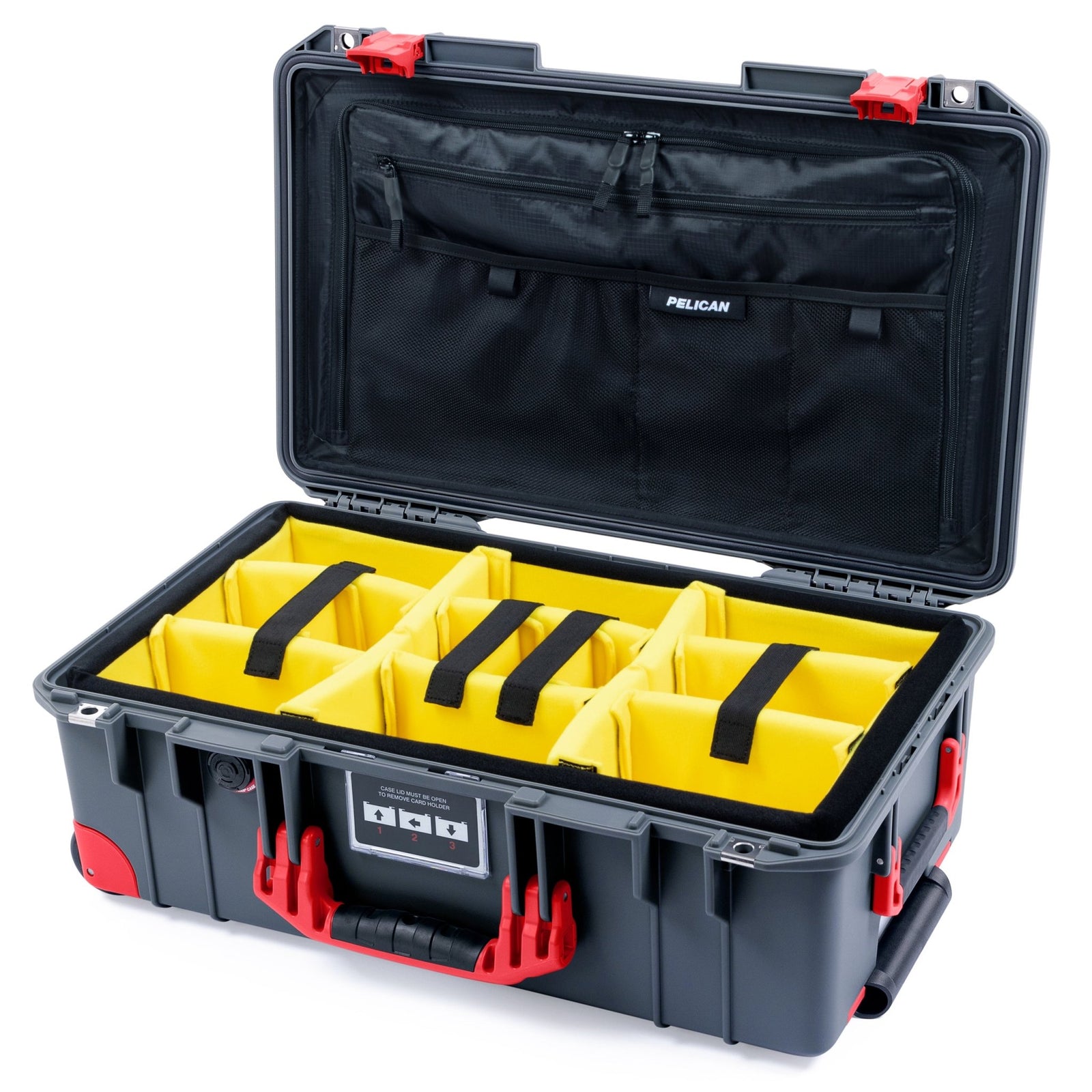 Pelican 1535 Air Carry - on Case - Charcoal & Red Trolley - Yellow Padded Microfiber Dividers / TRVL Lid Organizer