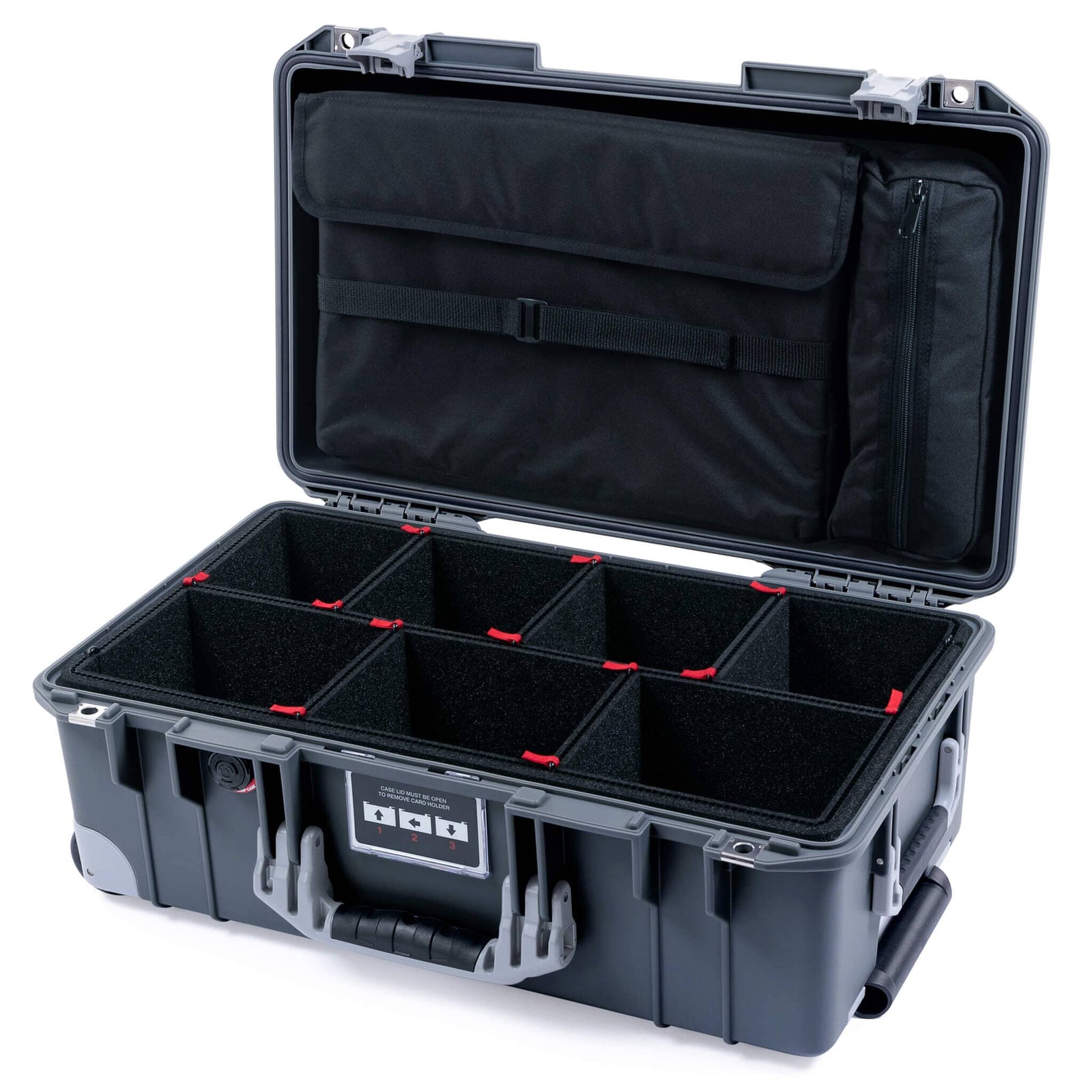 Pelican 1535 Air Case, Charcoal with Silver Handles, Push-Button Latches & Trolley TrekPak Divider System with Computer Pouch ColorCase 015350-0220-520-180-180