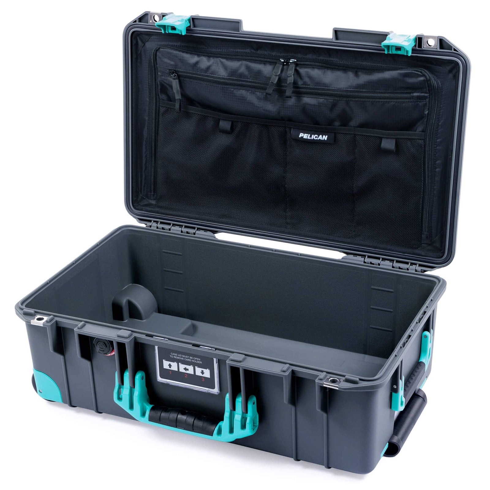 Pelican 1535 Air Case, Charcoal with Teal Handles, Latches & Trolley TRVL Combo-Pouch Lid Organizer Only ColorCase 015350-0300-520-591-590