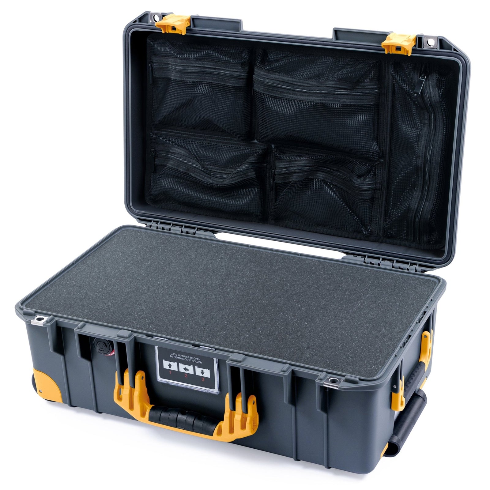 Pelican 1535 Air Carry - on Case - Charcoal & Yellow Trolley - Pick & Pluck Foam / Mesh Lid Organizer