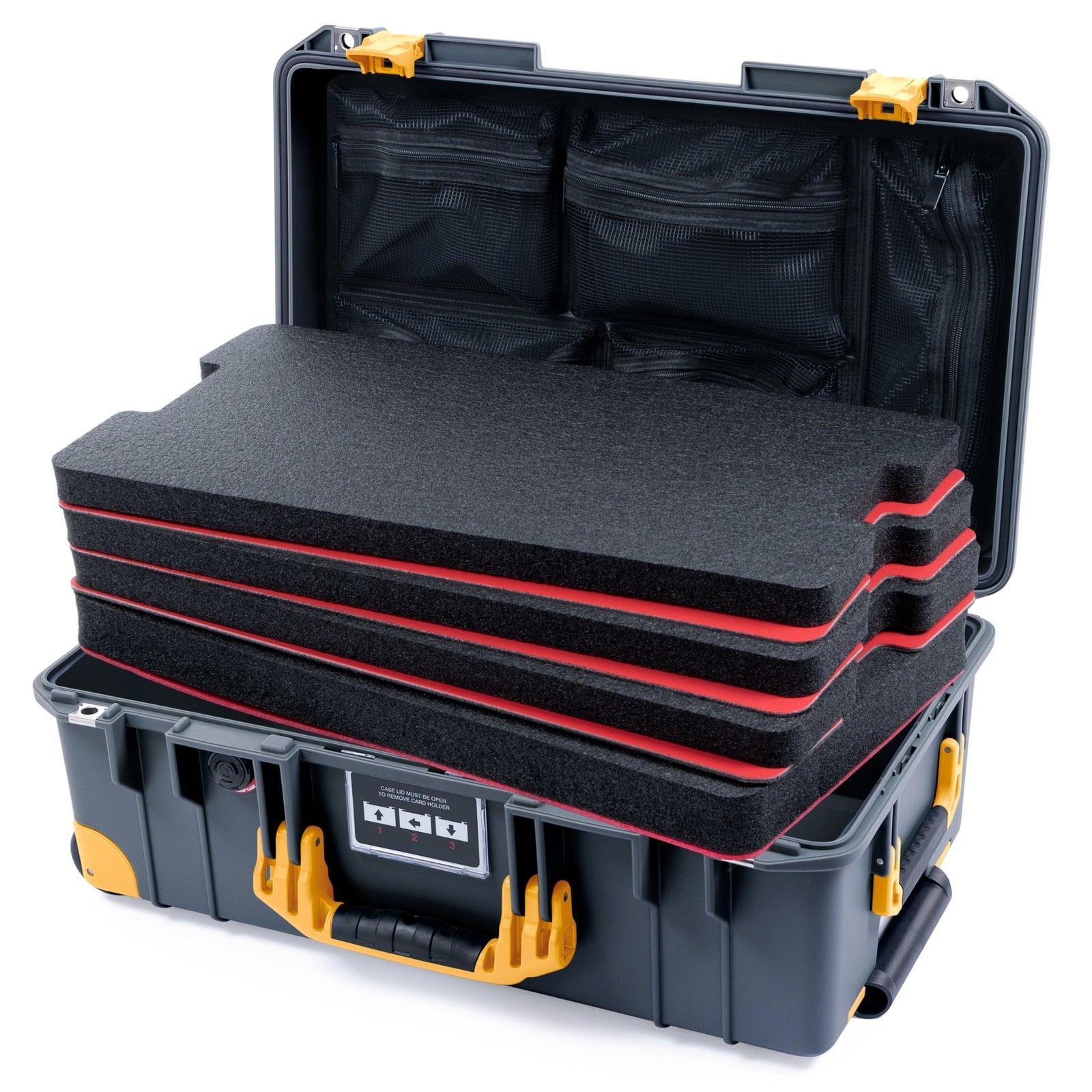 Pelican 1535 Air Carry - on Case - Charcoal & Yellow Trolley - DIY Tool Foam Kit / Mesh Lid Organizer