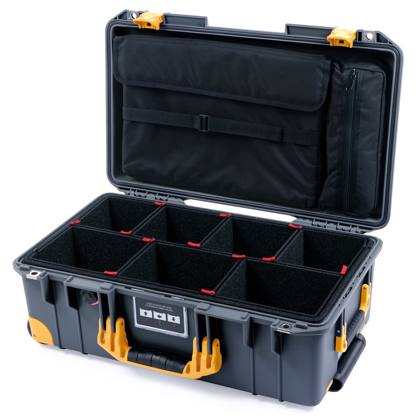 Pelican 1535 Air Carry - on Case - Charcoal & Yellow Trolley - TrekPak Divider System / Computer Lid Pouch