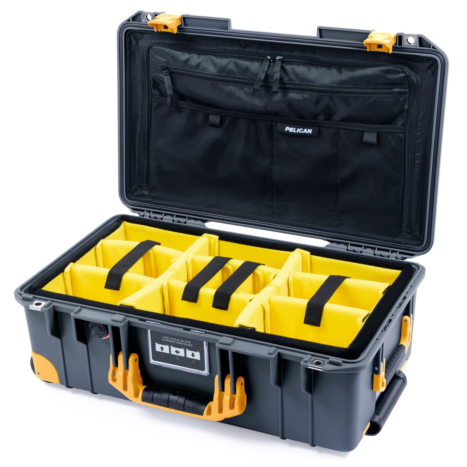 Pelican 1535 Air Carry - on Case - Charcoal & Yellow Trolley - Yellow Padded Microfiber Dividers / TRVL Lid Organizer