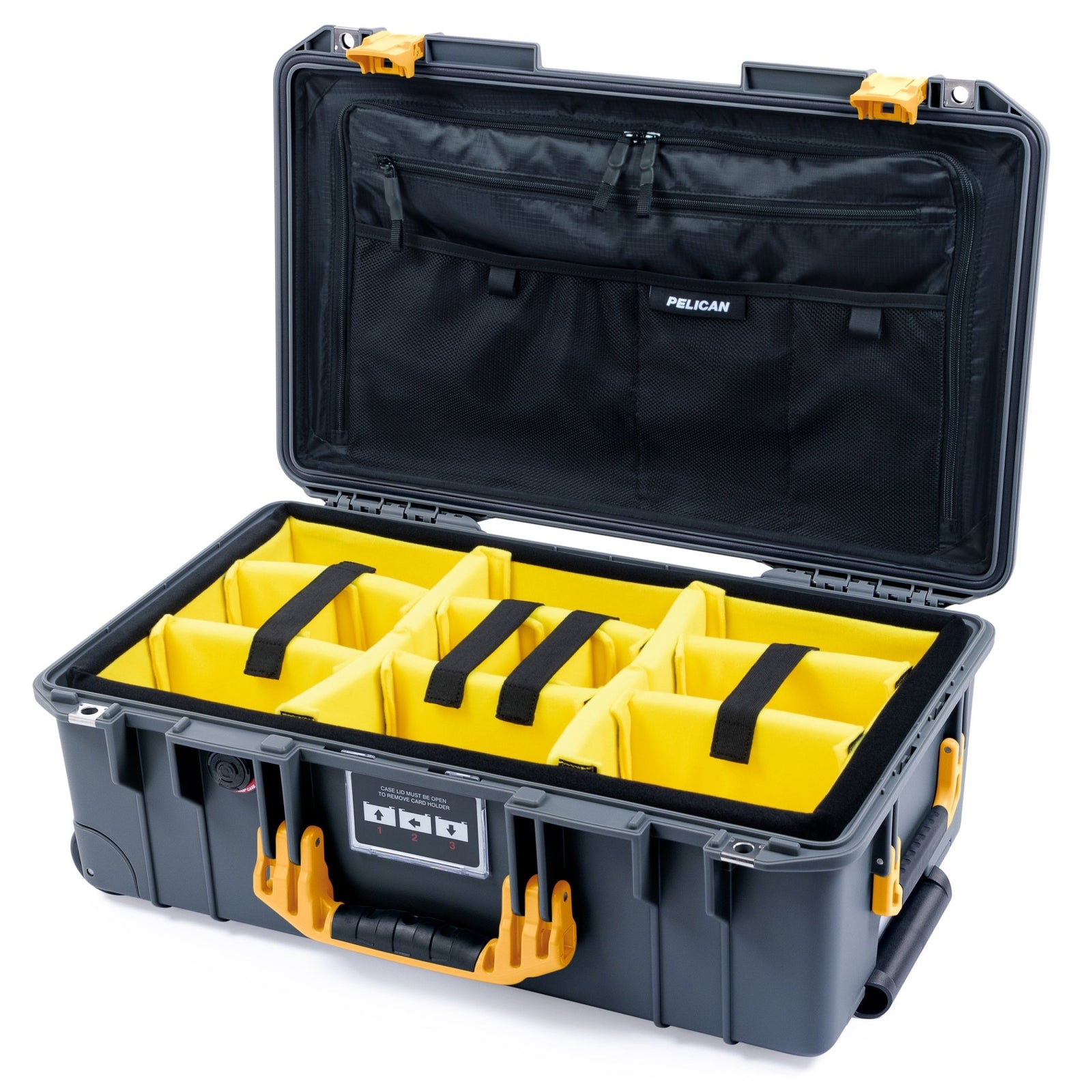 Pelican 1535 Air Carry - on Case - Charcoal & Yellow - Yellow Padded Microfiber Dividers / TRVL Lid Organizer