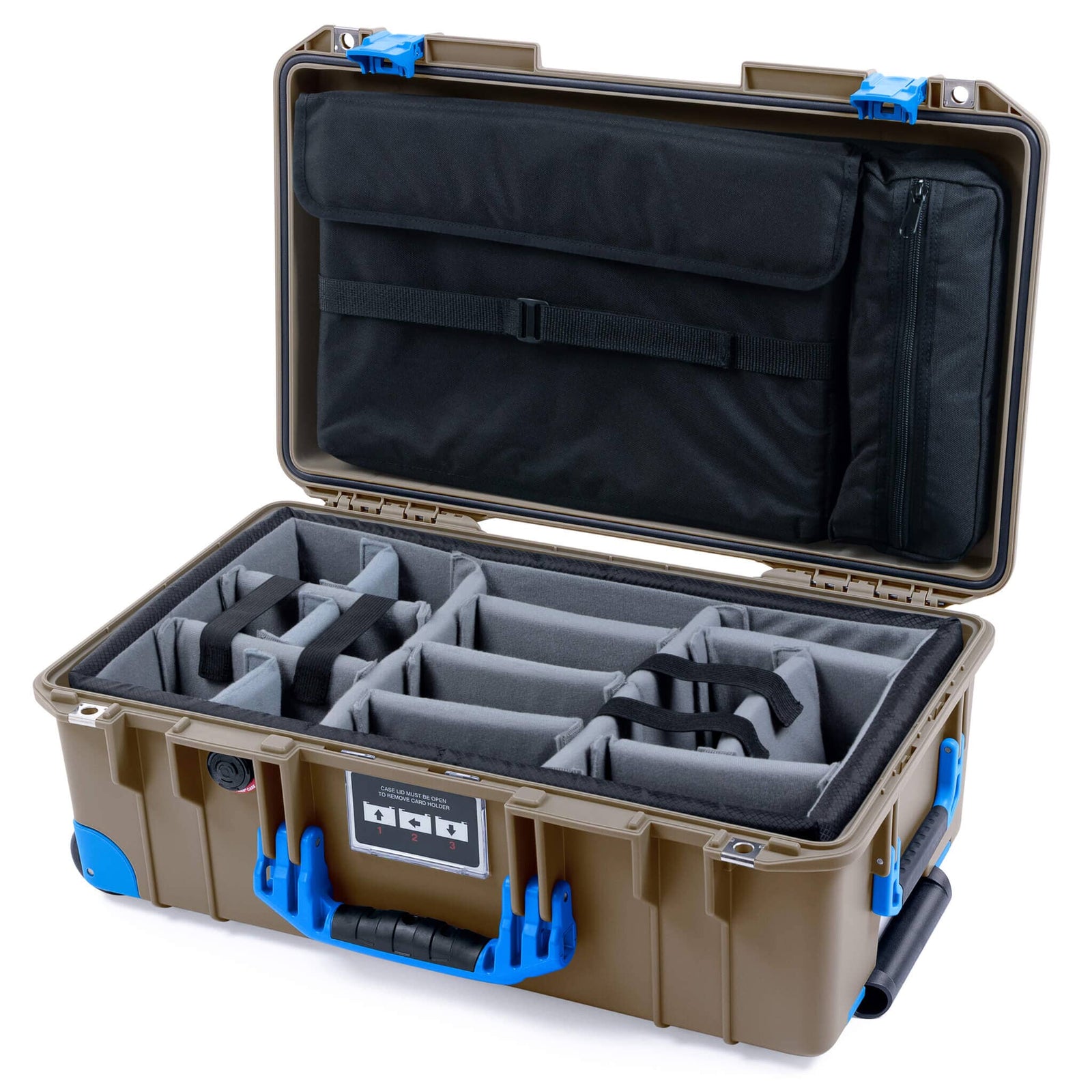 Pelican 1535 Air Case, Dark Desert Dirt with Blue Handles, Latches & Trolley Gray Padded Microfiber Dividers with Computer Pouch ColorCase 015350-0270-580-121-120