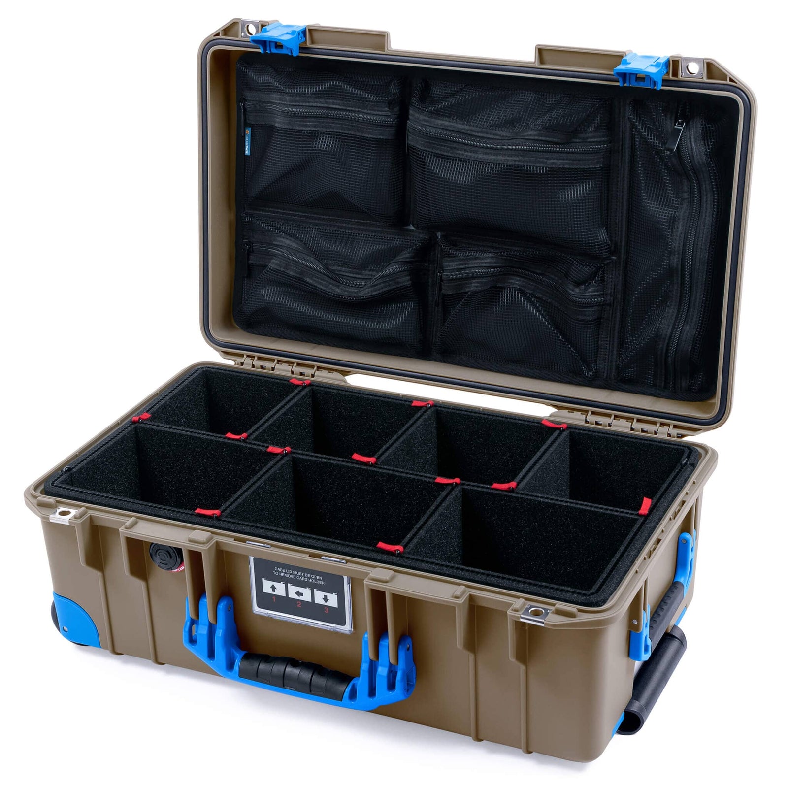 Pelican 1535 Air Case, Dark Desert Dirt with Blue Handles, Latches & Trolley TrekPak Divider System with Mesh Lid Organizer ColorCase 015350-0120-580-121-120