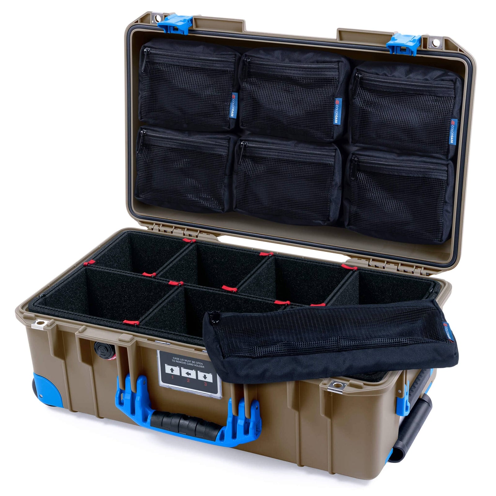 Pelican 1535 Air Case, Dark Desert Dirt with Blue Handles, Latches & Trolley TrekPak Divider System with 7-Piece Removable Mesh Pouches ColorCase 015350-0720-580-121-120