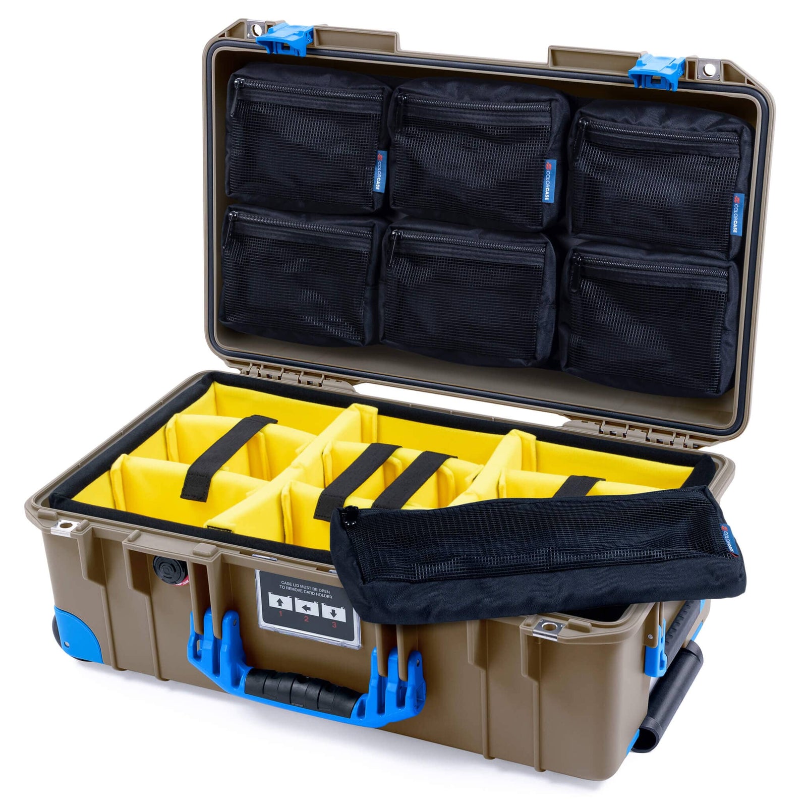 Pelican 1535 Air Case, Dark Desert Dirt with Blue Handles, Latches & Trolley Yellow Padded Microfiber Dividers with 7-Piece Removable Mesh Pouches ColorCase 015350-0710-580-121-120