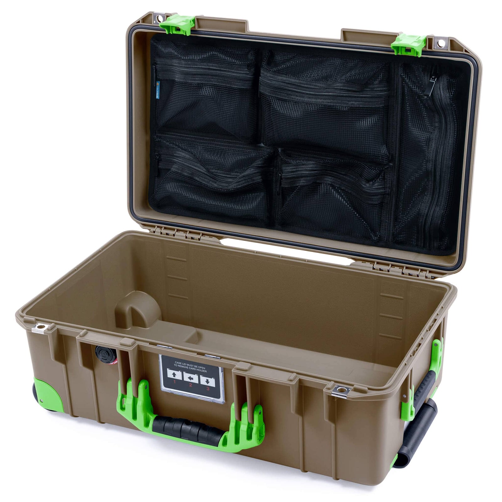 Pelican 1535 Air Carry - on Case - Dark Desert Dirt & Lime Green Trolley - Mesh Lid Organizer Only