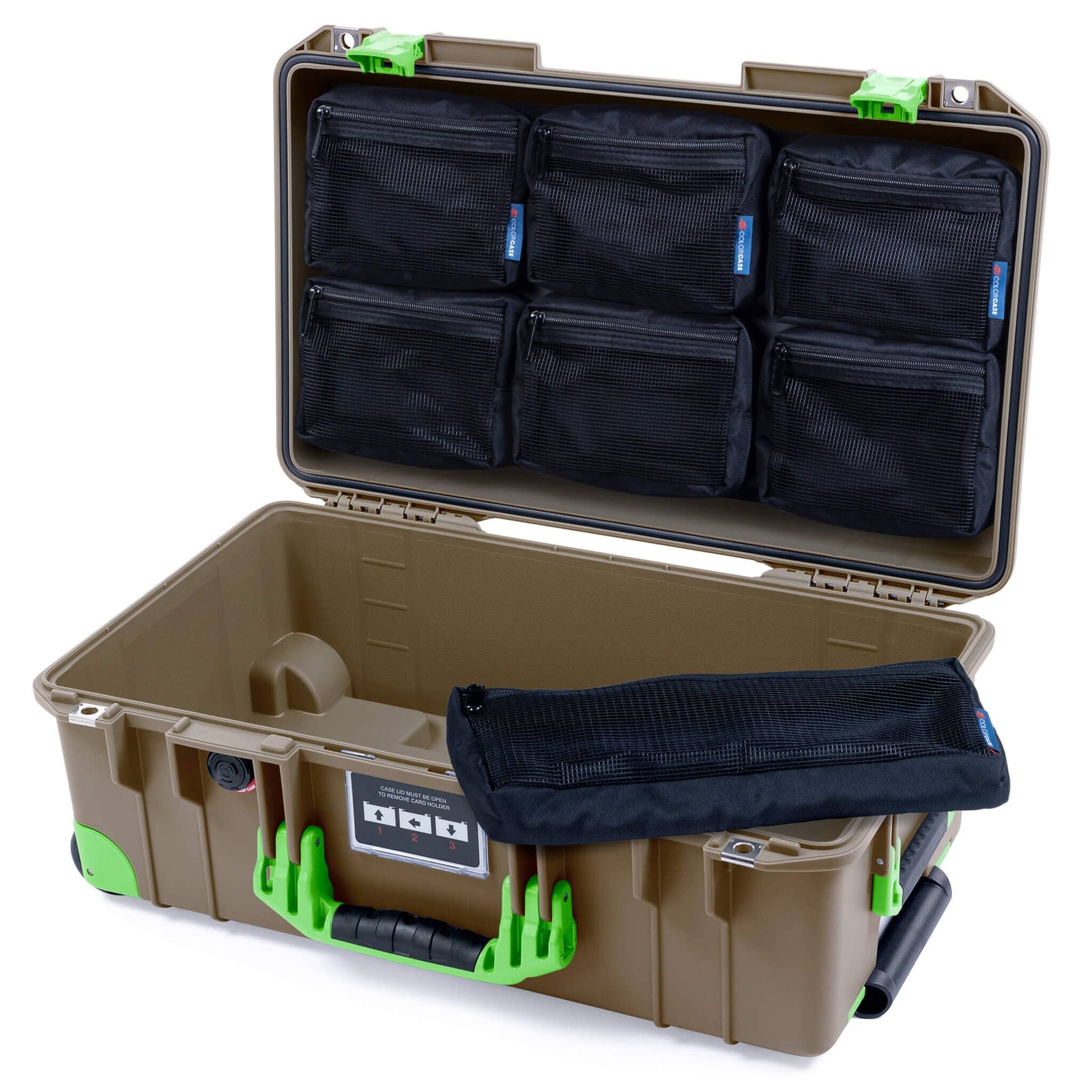 Pelican 1535 Air Case, Dark Desert Dirt with Lime Green Handles, Latches & Trolley 7-Piece Removable Mesh Pouches Only ColorCase 015350-0700-580-301-300