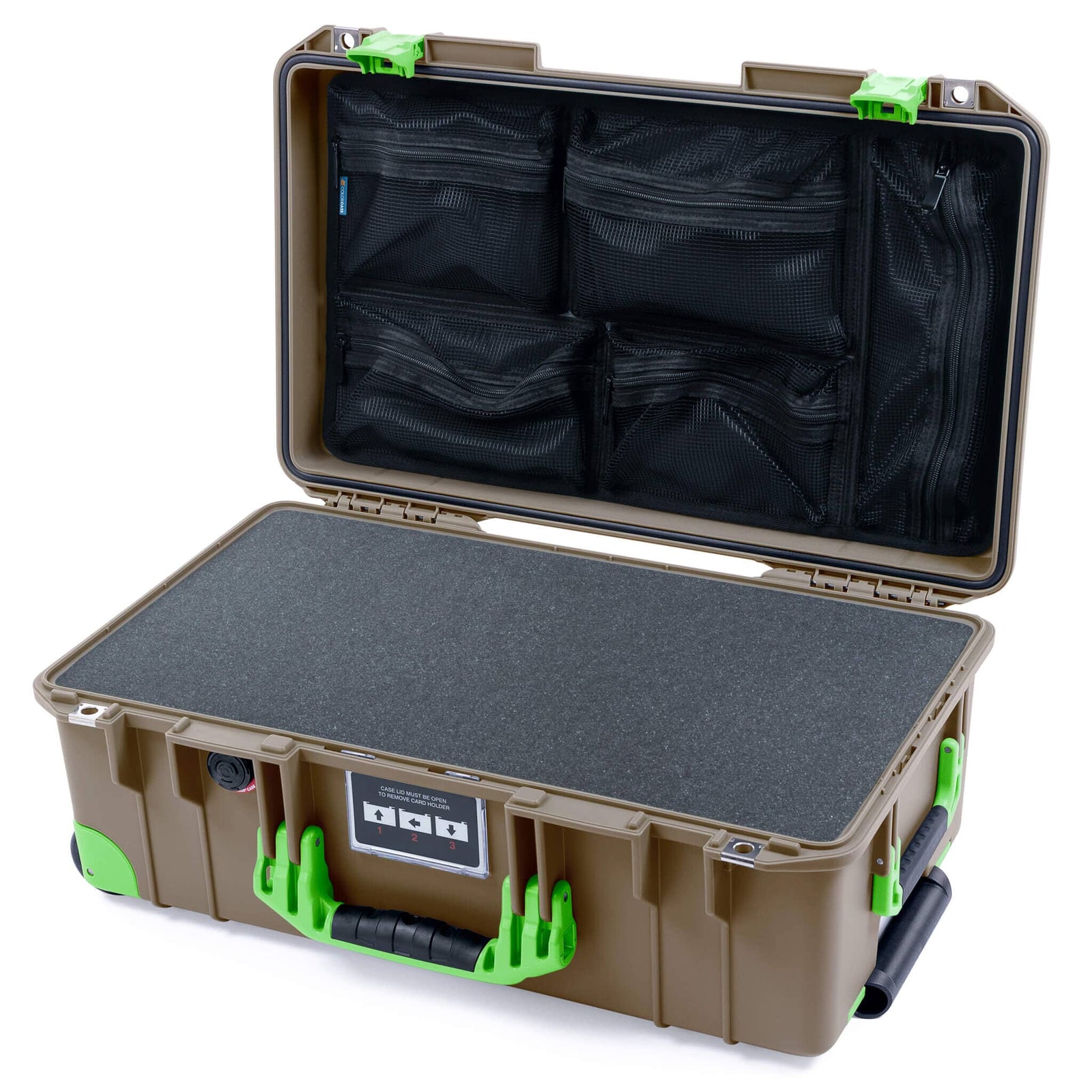 Pelican 1535 Air Case, Dark Desert Dirt with Lime Green Handles, Latches & Trolley Pick & Pluck Foam with Mesh Lid Organizer ColorCase 015350-0101-580-301-300