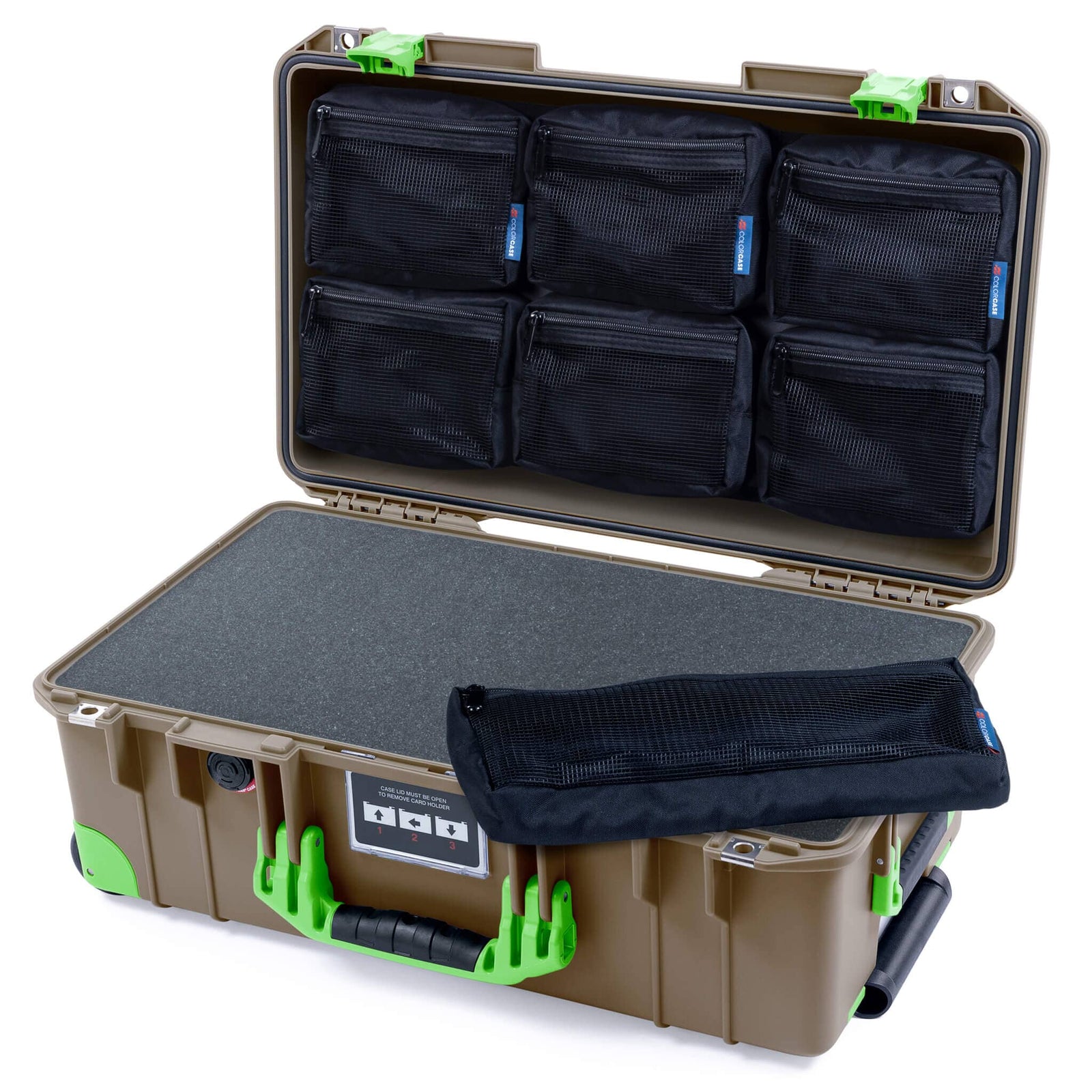 Pelican 1535 Air Carry - on Case - Dark Desert Dirt & Lime Green Trolley - Pick & Pluck Foam / 7 - Piece Removable Mesh Pouches