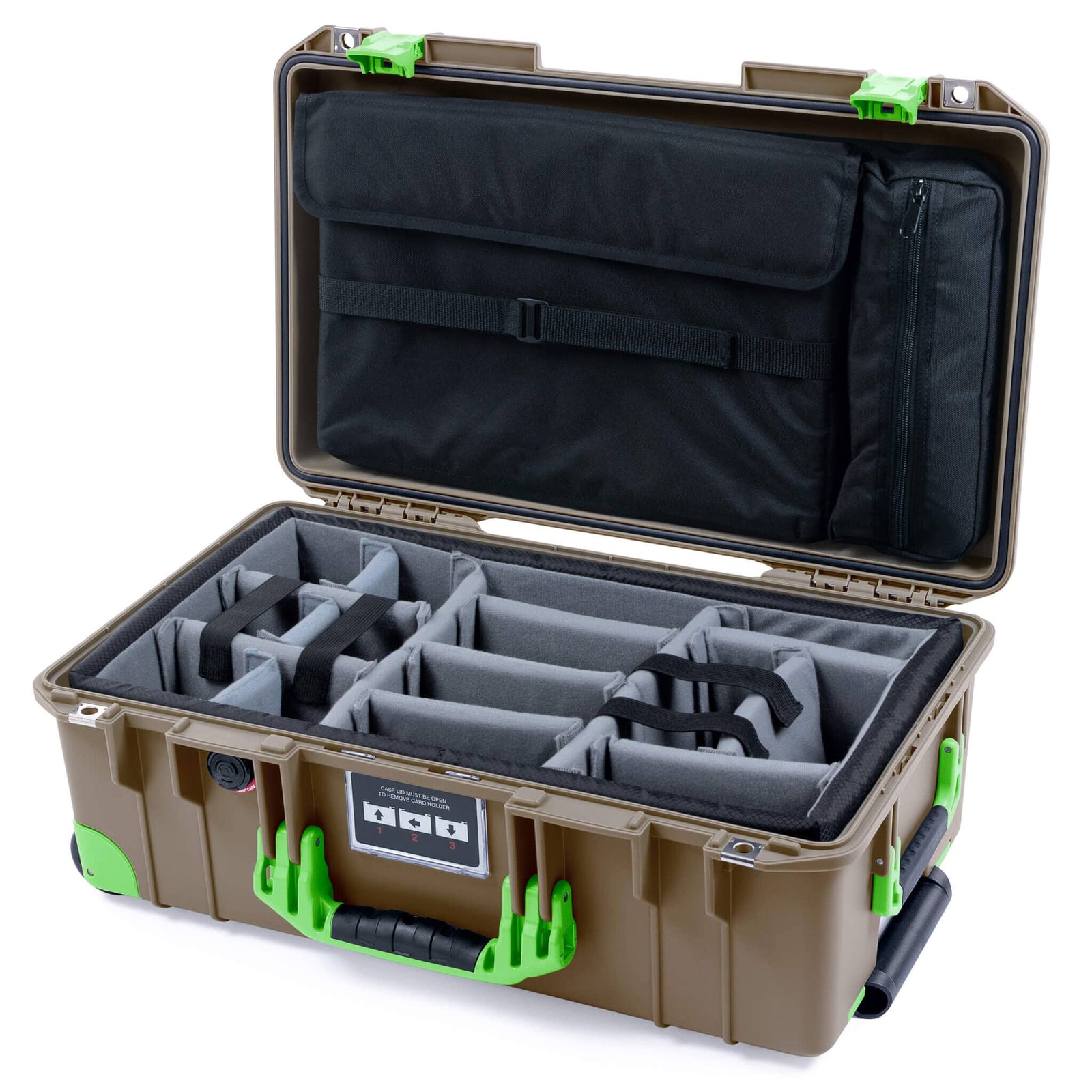 Pelican 1535 Air Case, Dark Desert Dirt with Lime Green Handles, Latches & Trolley Gray Padded Microfiber Dividers with Computer Pouch ColorCase 015350-0270-580-301-300