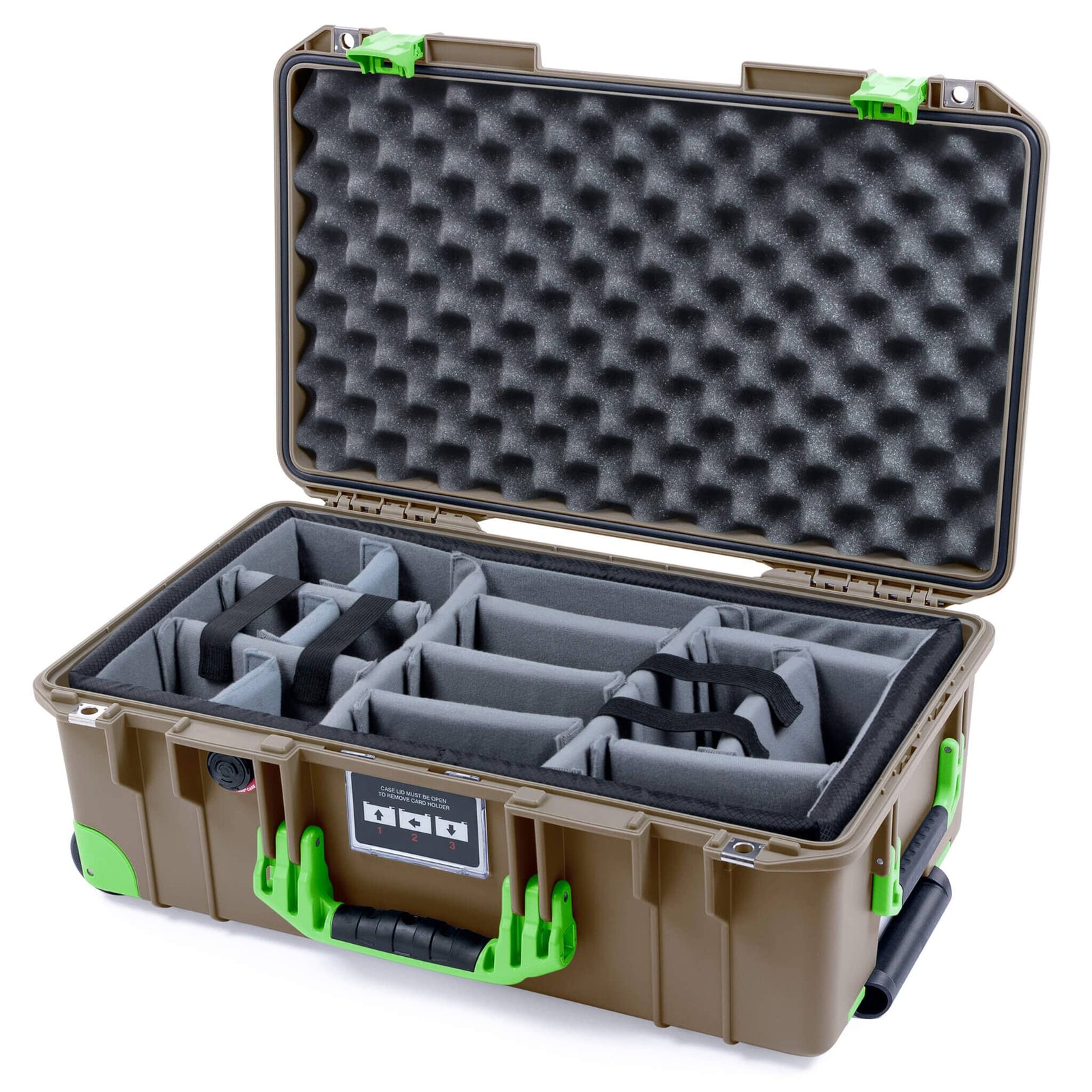 Pelican 1535 Air Case, Dark Desert Dirt with Lime Green Handles, Latches & Trolley Gray Padded Microfiber Dividers with Convoluted Lid Foam ColorCase 015350-0070-580-301-300