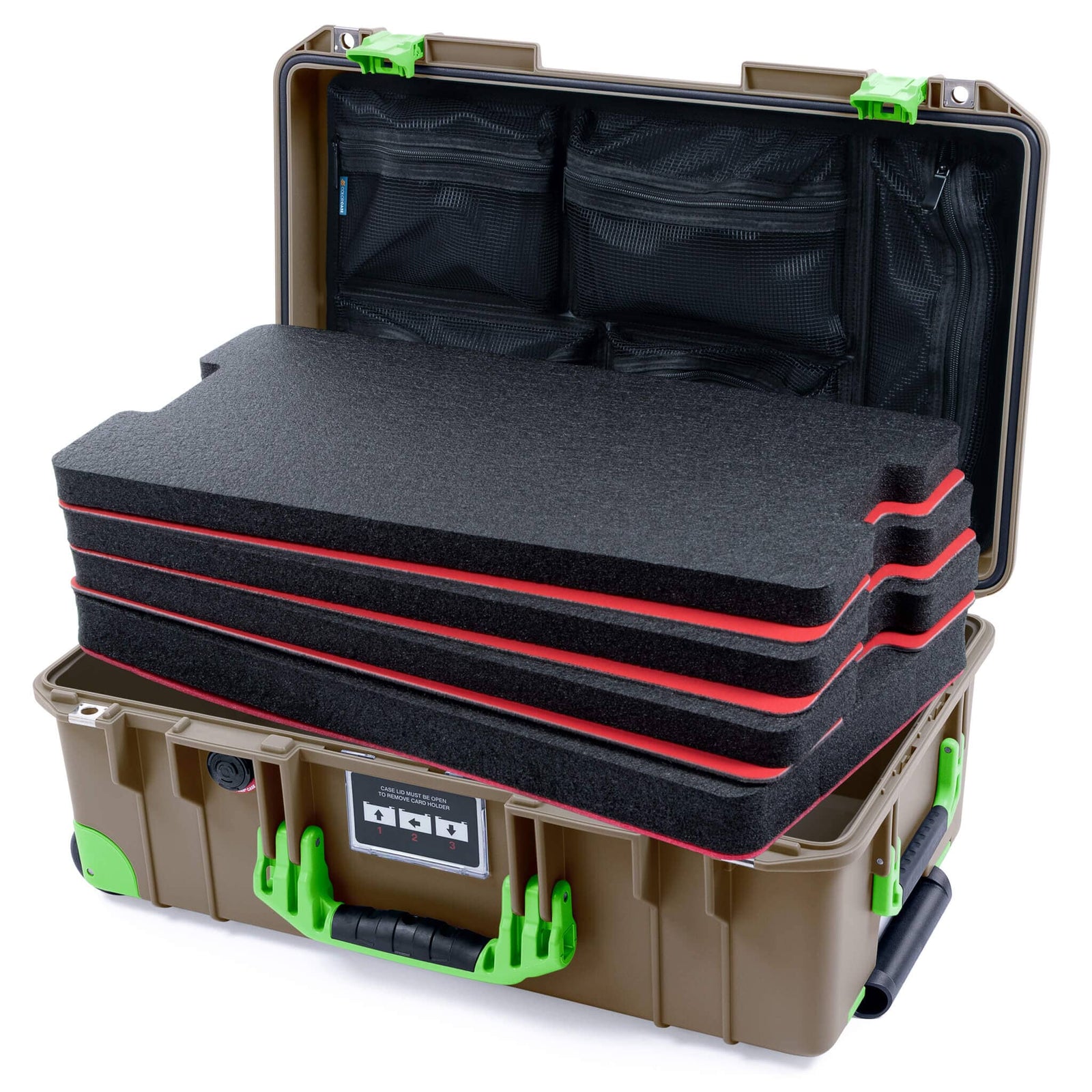 Pelican 1535 Air Carry - on Case - Dark Desert Dirt & Lime Green Trolley - DIY Tool Foam Kit / Mesh Lid Organizer