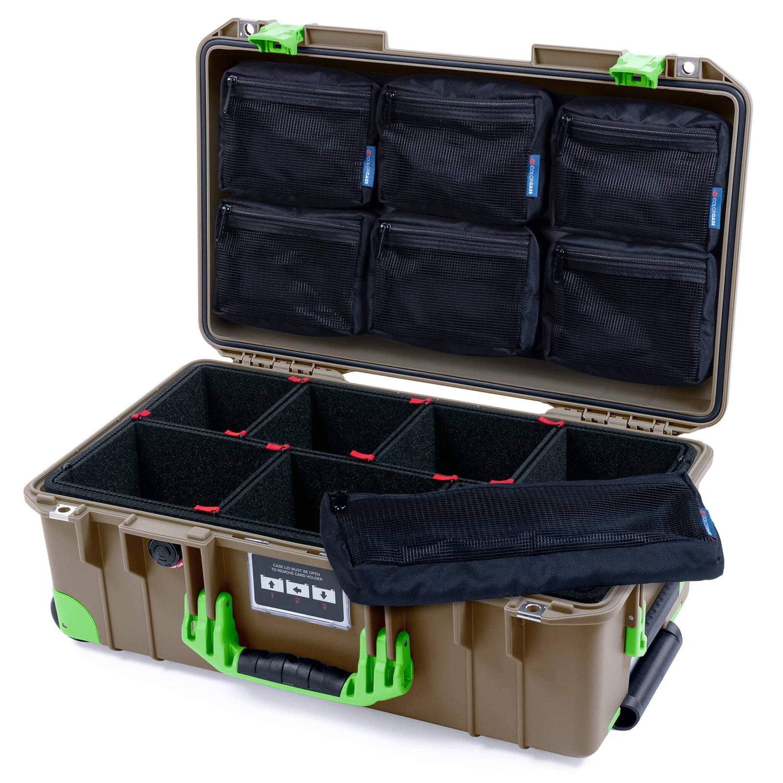 Pelican 1535 Air Carry - on Case - Dark Desert Dirt & Lime Green Trolley - TrekPak Divider System / 7 - Piece Removable Mesh Pouches
