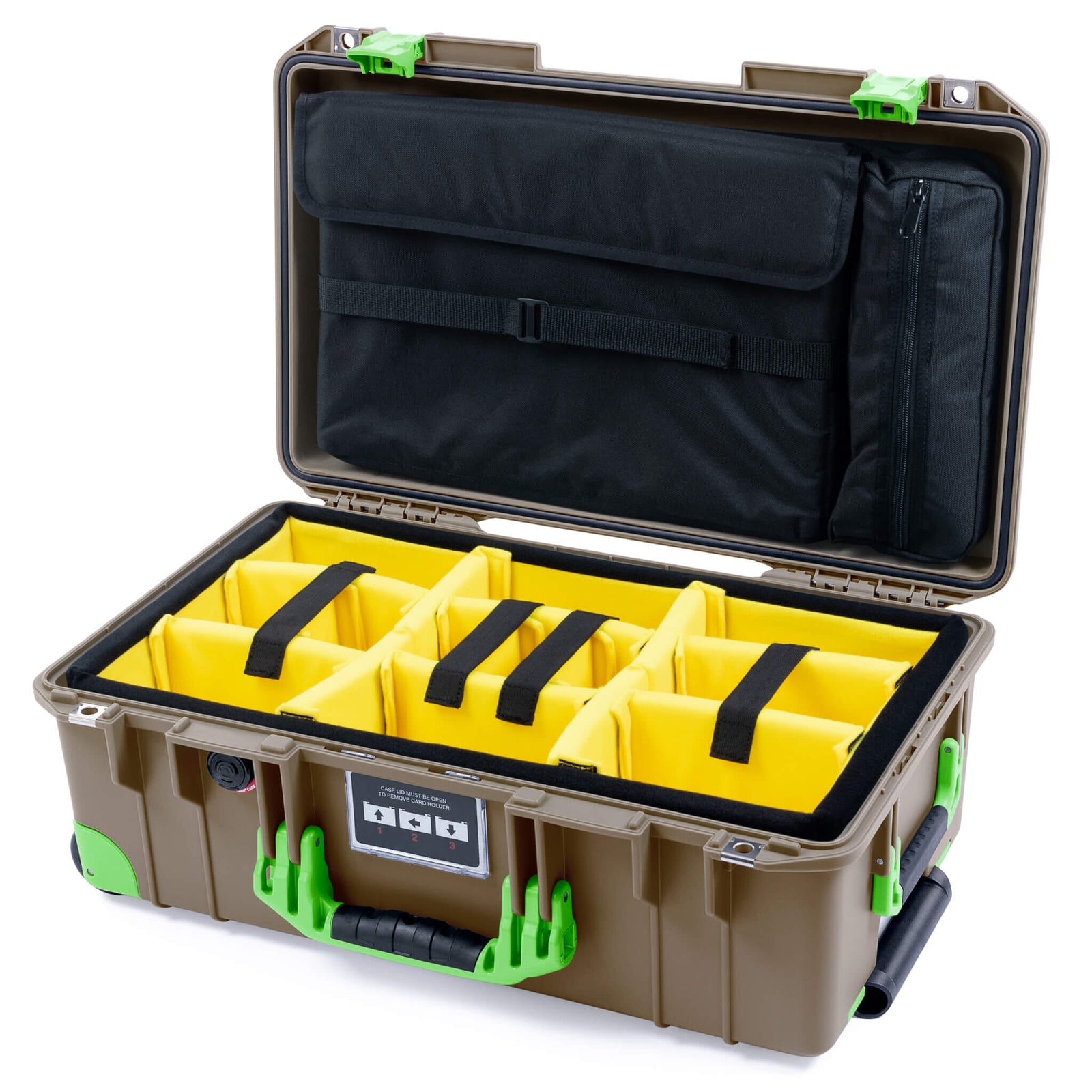 Pelican 1535 Air Carry - on Case - Dark Desert Dirt & Lime Green Trolley - Yellow Padded Microfiber Dividers / Computer Lid Pouch