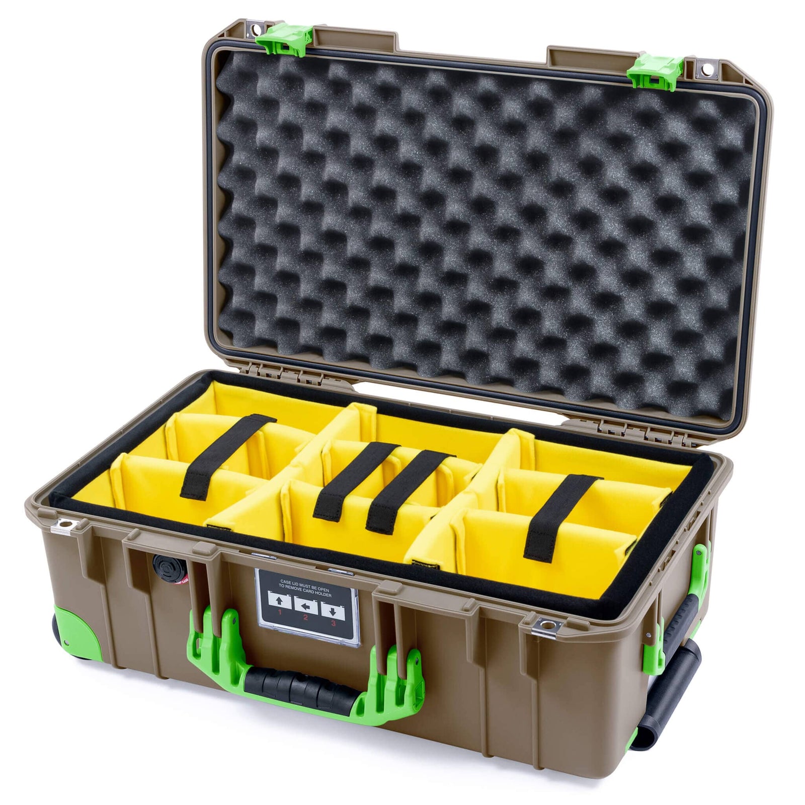 Pelican 1535 Air Carry - on Case - Dark Desert Dirt & Lime Green Trolley - Yellow Padded Microfiber Dividers / Convoluted Lid Foam