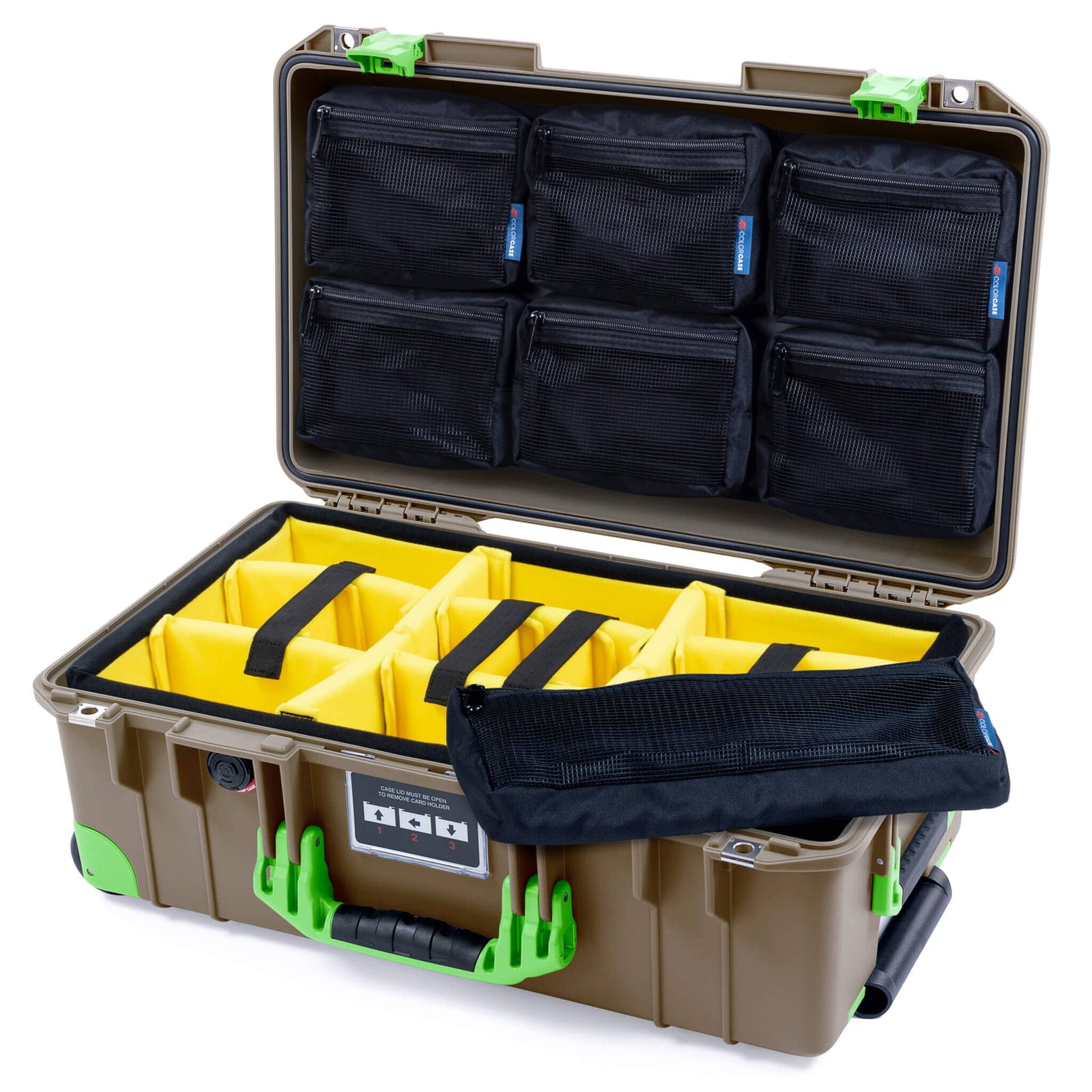 Pelican 1535 Air Carry - on Case - Dark Desert Dirt & Lime Green Trolley - Yellow Padded Microfiber Dividers / 7 - Piece Removable Mesh Pouches