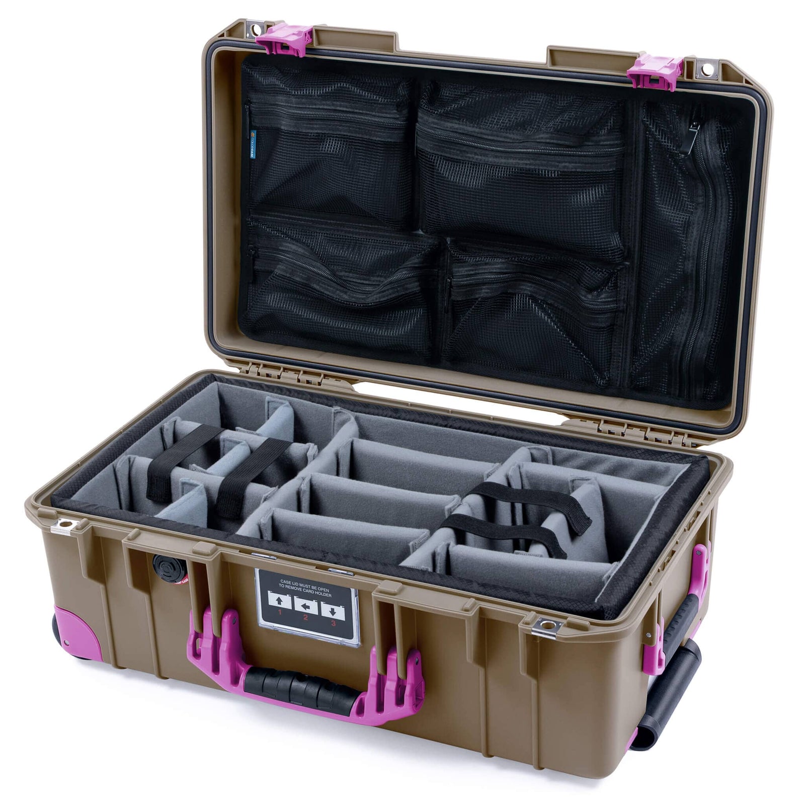 Pelican 1535 Air Case, Dark Desert Dirt with Magenta Handles, Latches & Trolley Gray Padded Microfiber Dividers with Mesh Lid Organizer ColorCase 015350-0170-580-401-400