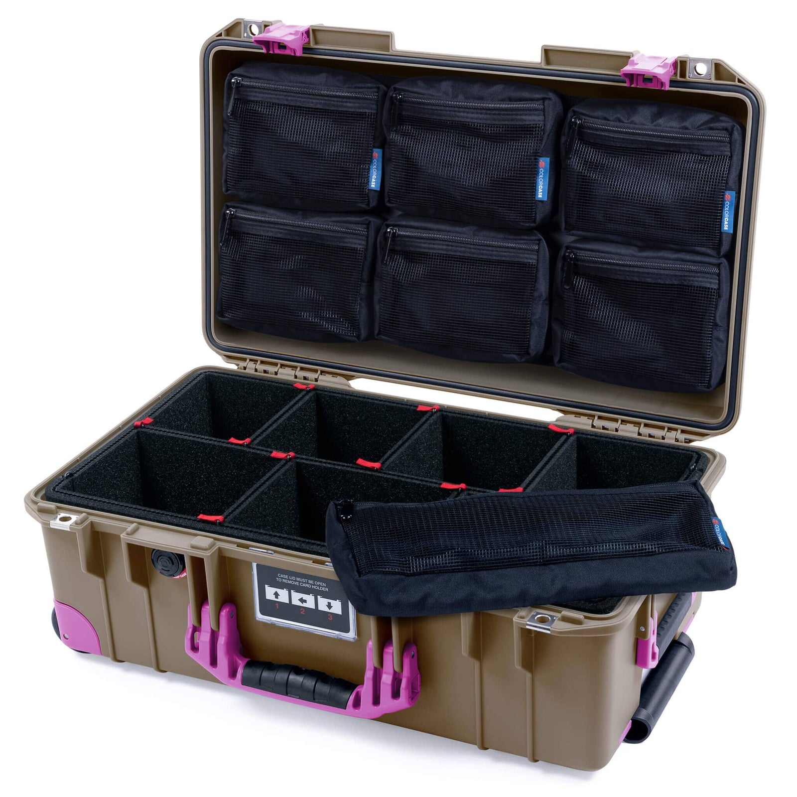Pelican 1535 Air Case, Dark Desert Dirt with Magenta Handles, Latches & Trolley TrekPak Divider System with 7-Piece Removable Mesh Pouches ColorCase 015350-0720-580-401-400