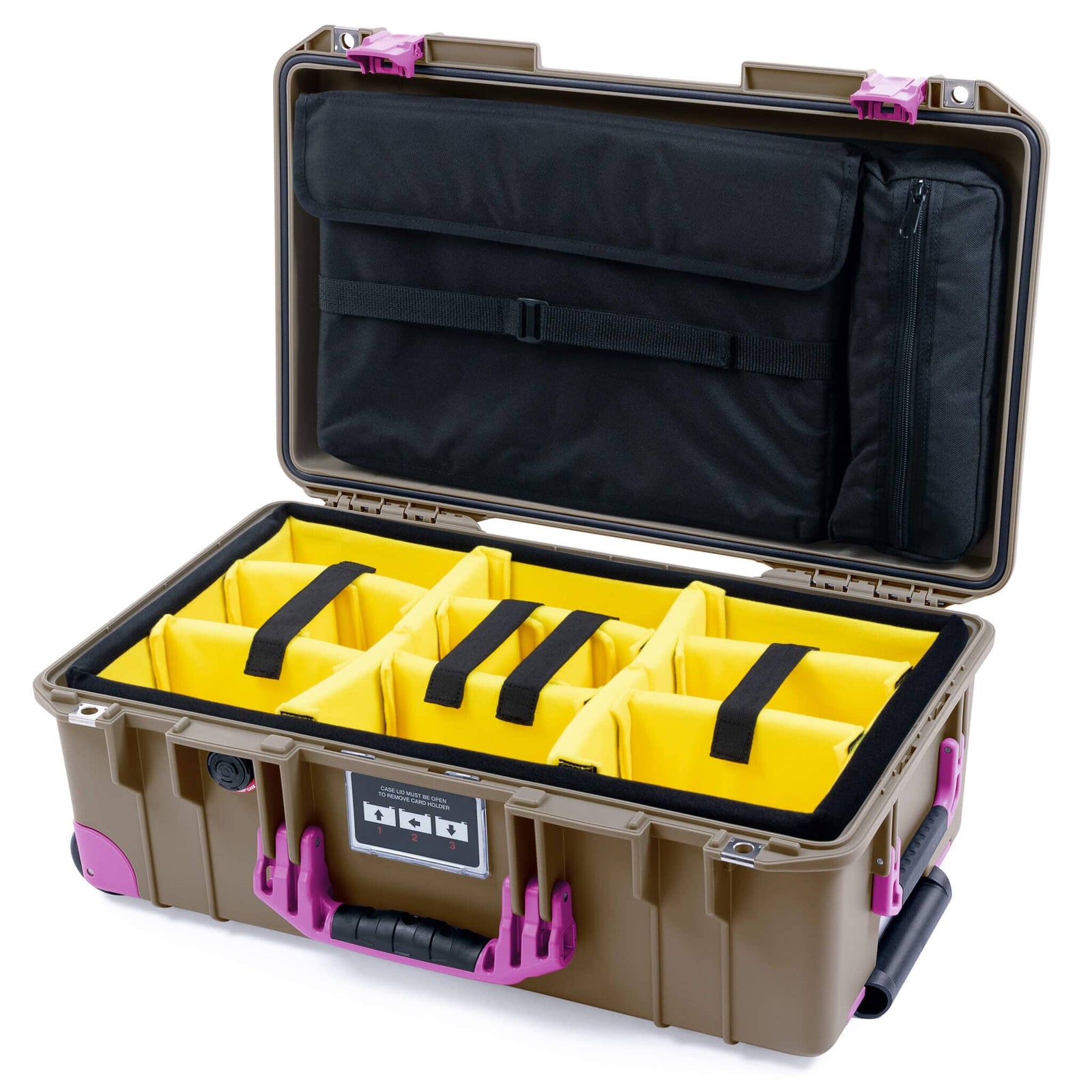 Pelican 1535 Air Case, Dark Desert Dirt with Magenta Handles, Latches & Trolley Yellow Padded Microfiber Dividers with Computer Pouch ColorCase 015350-0210-580-401-400