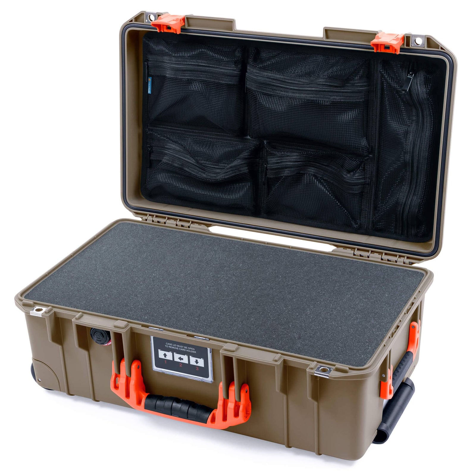Pelican 1535 Air Case, Dark Desert Dirt with Orange Handles & Latches Pick & Pluck Foam with Mesh Lid Organizer ColorCase 015350-0101-580-151