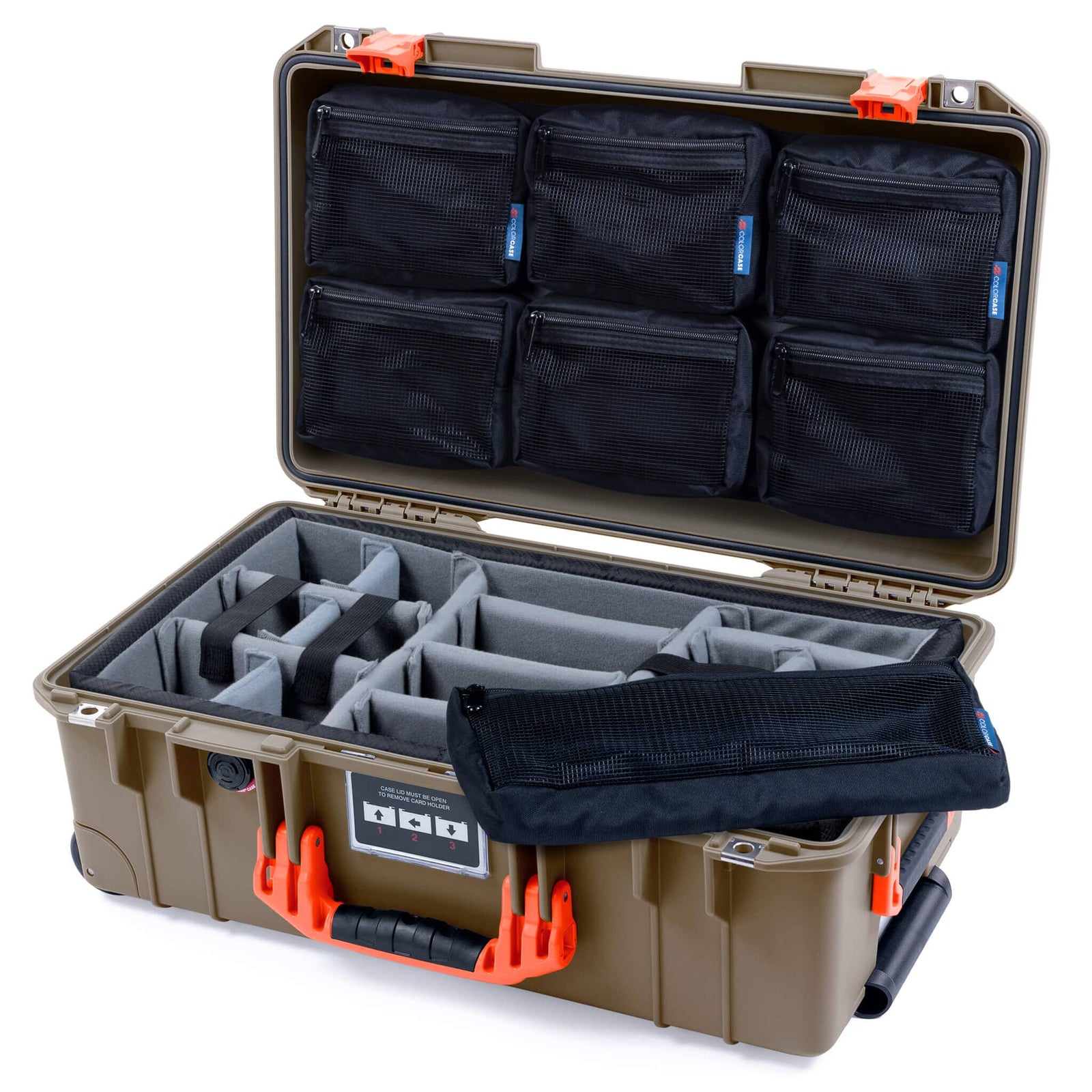 Pelican 1535 Air Case, Dark Desert Dirt with Orange Handles & Latches Gray Padded Microfiber Dividers with 7-Piece Removable Mesh Pouches ColorCase 015350-0770-580-151
