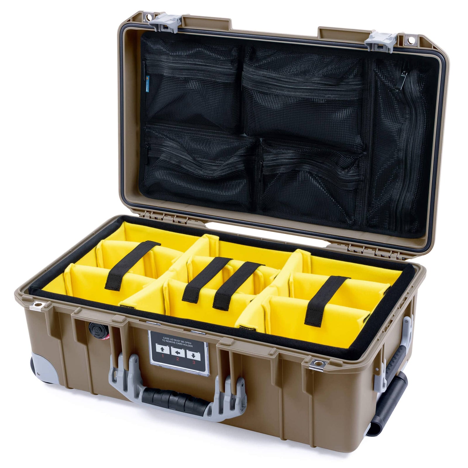 Pelican 1535 Air Carry - on Case - Dark Desert Dirt & Silver Trolley - Yellow Padded Microfiber Dividers / Mesh Lid Organizer